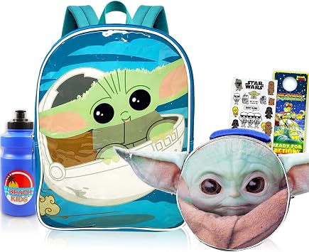Baby Yoda Backpack and Lunch Box Set for Kids School Bundle, More | Insulated Lunch Bag & 15in Large Durable Mandalorian Bookbag Plus Water Bottle, Stickers, More - Star Wars School Supplies