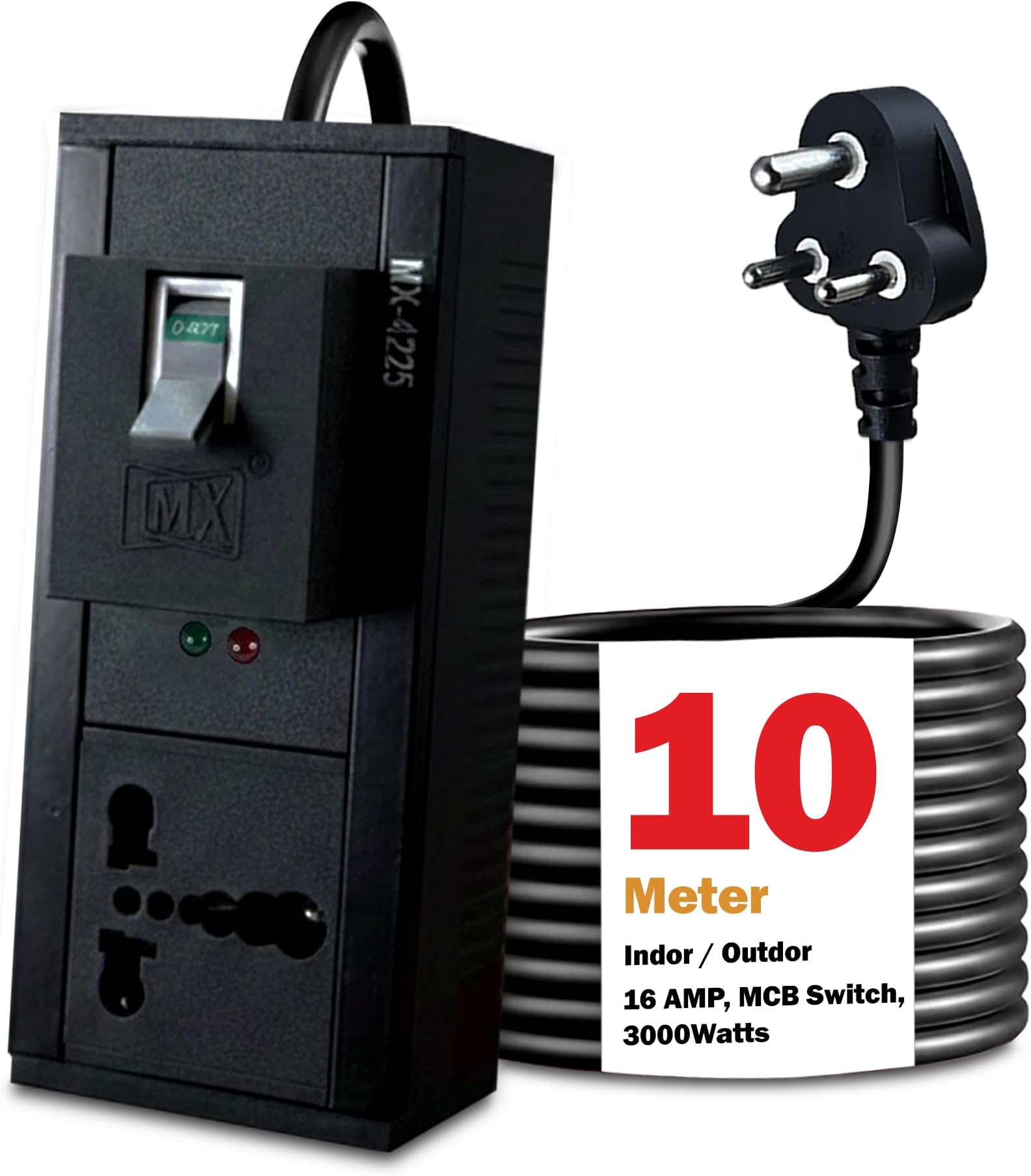 MX Single Socket Extension Board with 10 Meter Heavy Duty Long Wire Cord 3000W Single 16A Socket to 15A Plug,3 Pin Plug with 32AMP MCB Switch & Child Safety Shutter 16 amp Extension Cord
