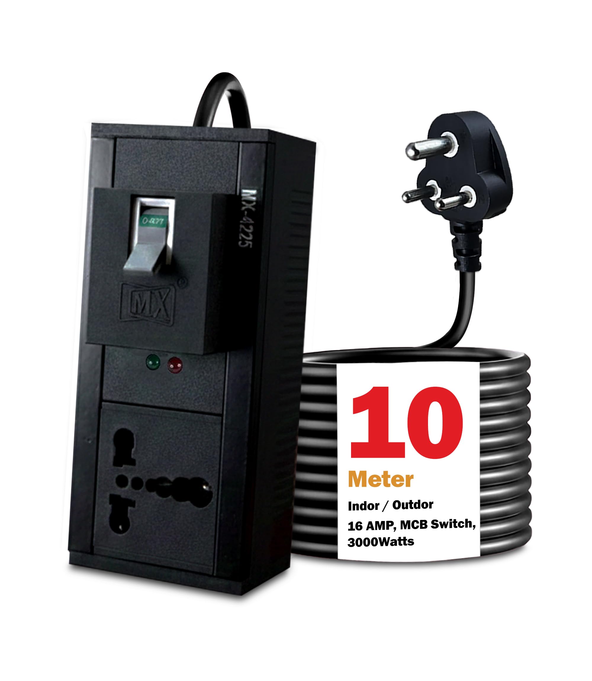 MX Single Socket Extension Board with 10 Meter Heavy Duty Long Wire Cord 3000W Single 16A Socket to 15A Plug,3 Pin Plug with 32AMP MCB Switch & Child Safety Shutter 16 amp Extension Cord