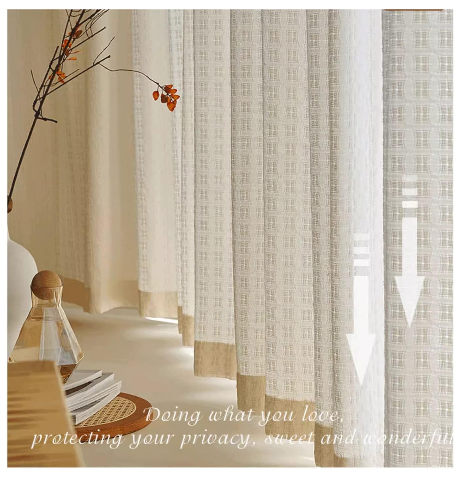 Rideau Fenêtre Semi Transparent 132x160, Rideaux Voilage pour Chambre Polyester Aspect Lin Gaufré Tissé, avec Crochet, Lot de 2