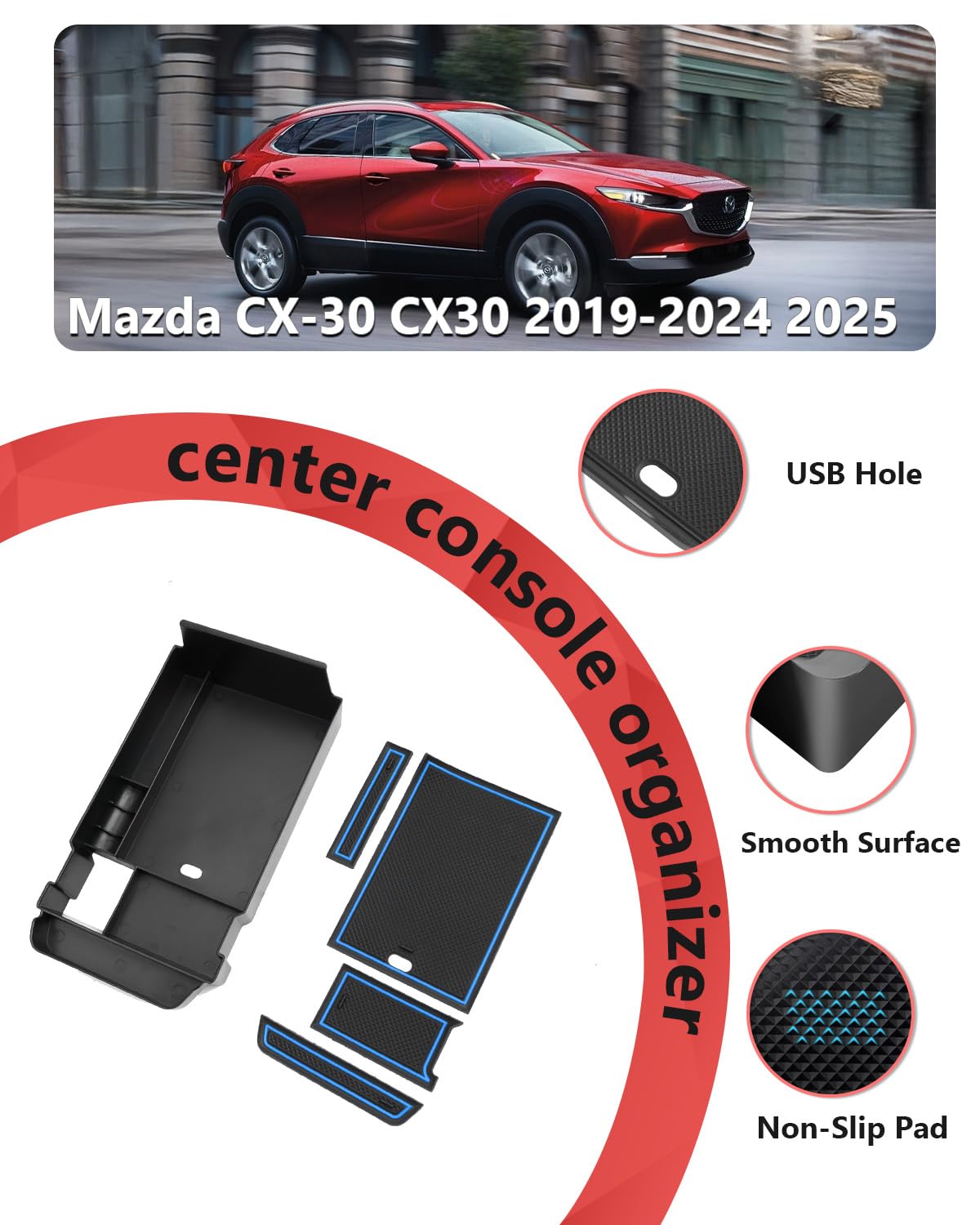 Półka w konsoli środkowej do Mazda CX-30 CX30 2019-2024 2025, półka w podłokietniku, z antypoślizgową wyściółką podłogową, nowo zmodernizowane, idealne miejsce do przechowywania