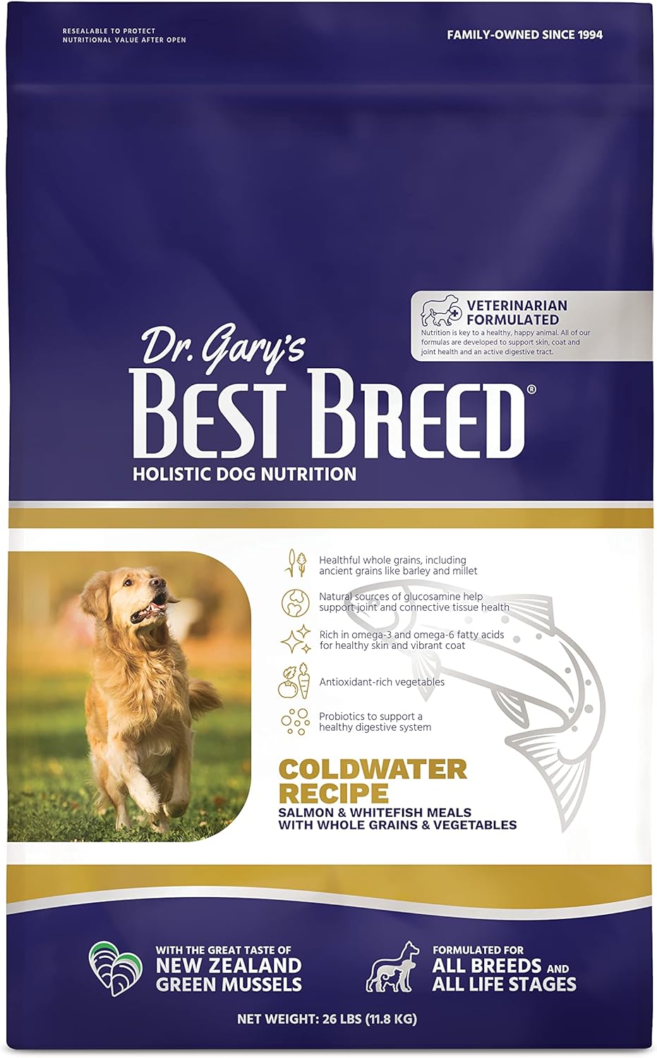 Dr. Gary's Best Breed Coldwater Recipe Slow-Cooked in USA, Natural Dry Dog Food for All Breeds and Sizes, 26lbs.