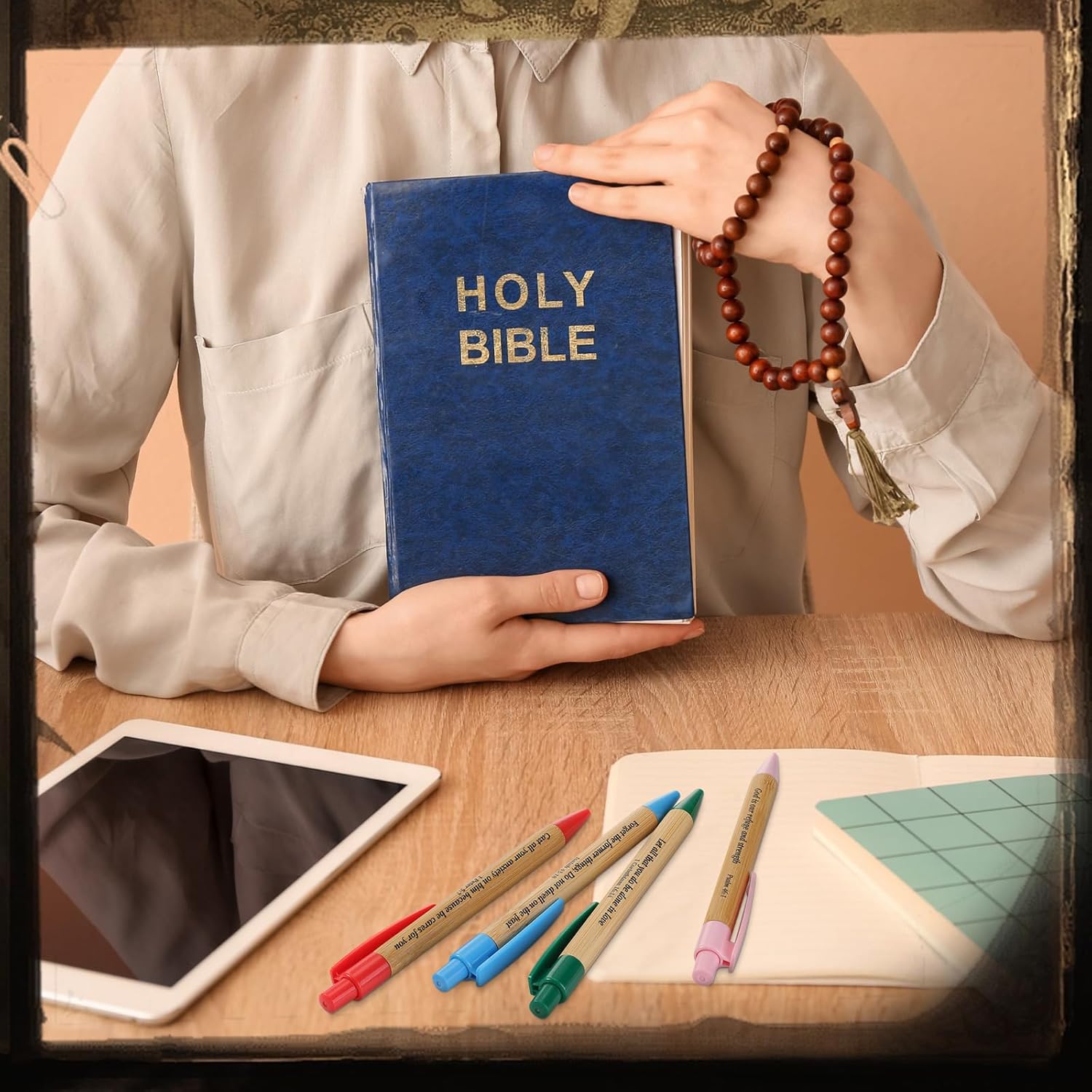 Cholemy 100 Pcs Christian Bible Verse Ink Pens Bamboo Christian Pens Bulk Wooden Inspirational Ballpoint Religious Gifts for Women Colleague Pastor Wife Church(Colorful) - Image 3