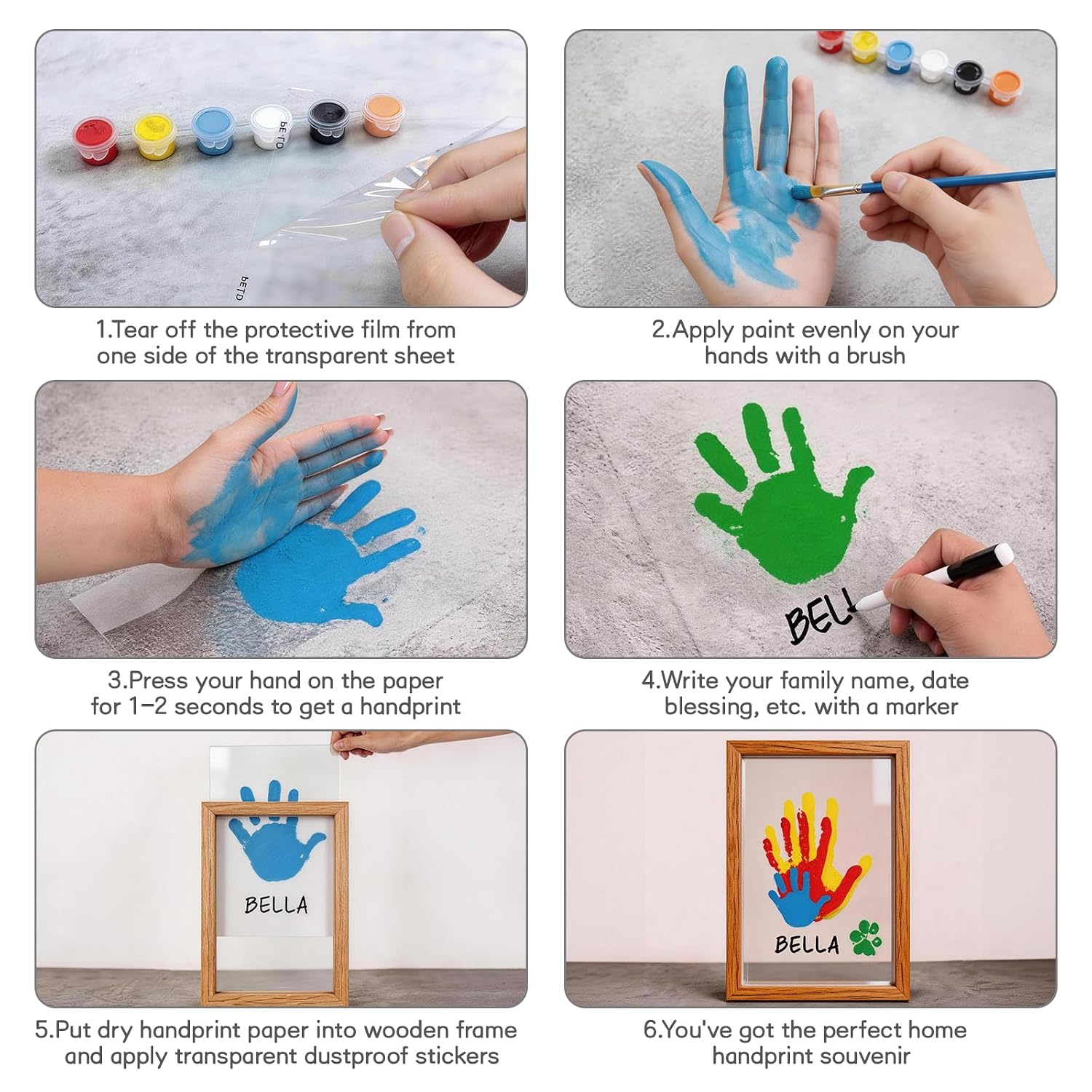 Family Handprint Kit, DIY Keepsake Frame with Wooden Frame, Non-Toxic Paints, Transparent Sheets, Baby Handprint Kit, Family Craft Gift for New Parents,Mothers Day, Fathers Day