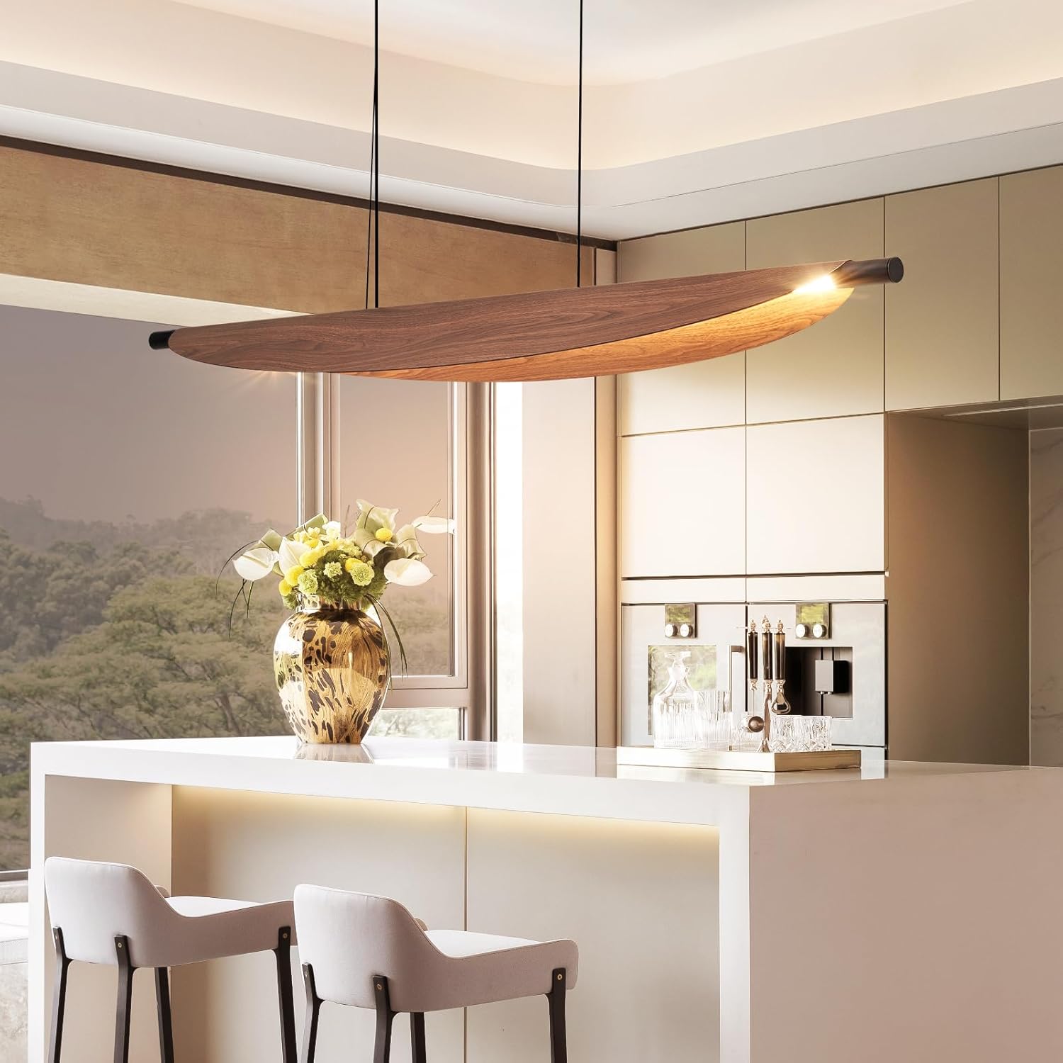 Modern Pendant Lights Kitchen Island 53.1In Dimmable Wood Grain Linear Pendant Light Walnut Color LED Kitchen Chandelier Hanging Light Fixture for Dining Room Kitchen Island Office Bar