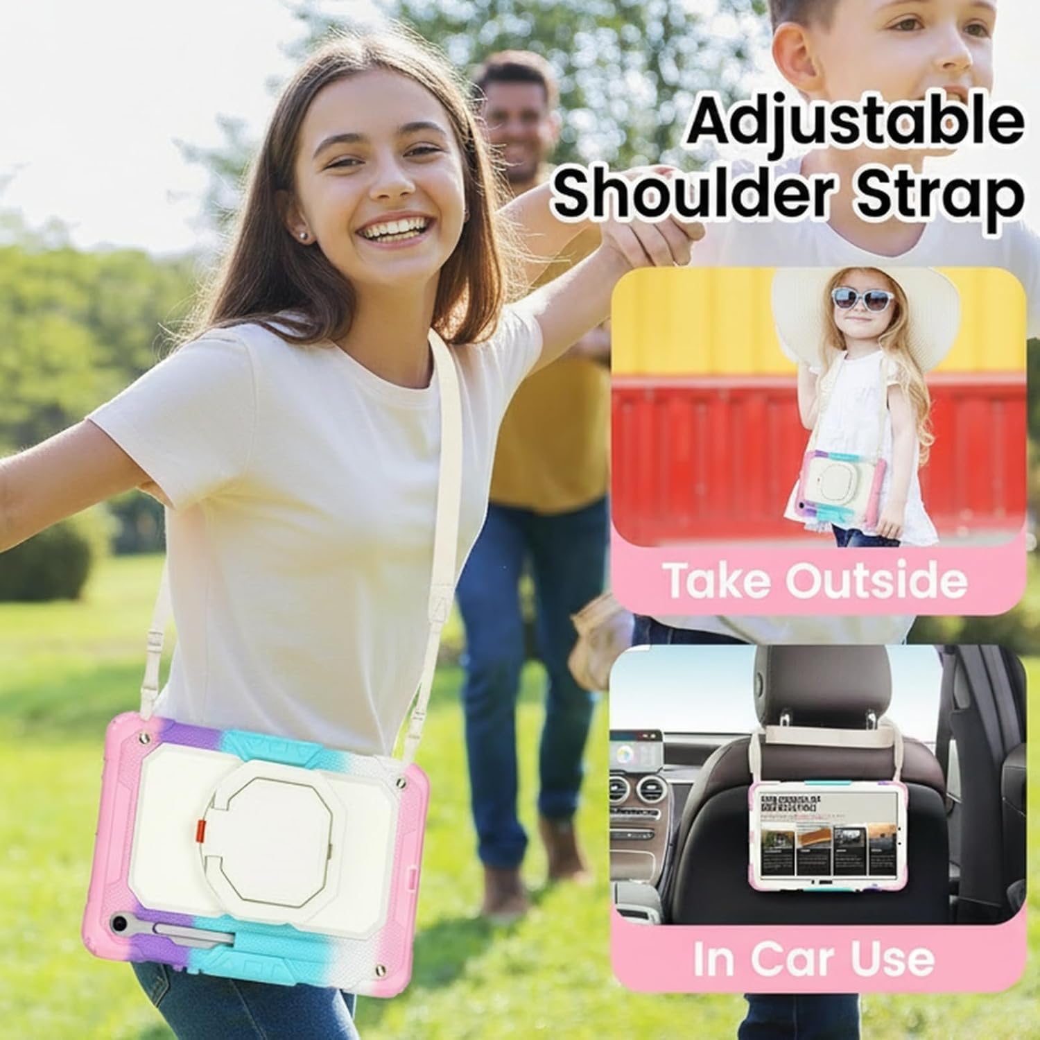 HXCASEAC Case for Galaxy Tab S10 lite / S10 FE / S9 FE 10.9 Inch, Shockproof | 360° Rotating Stand | S Pen Holder | Screen Protector | Shoulder Strap | Samaung S10 Lite Tablet Case Kids, Rainbow Pink