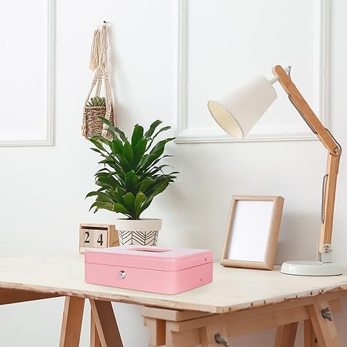 Miniatura 7 de Geohiaul - Caja grande con cerradura y bandeja para dinero, color negro y rosa