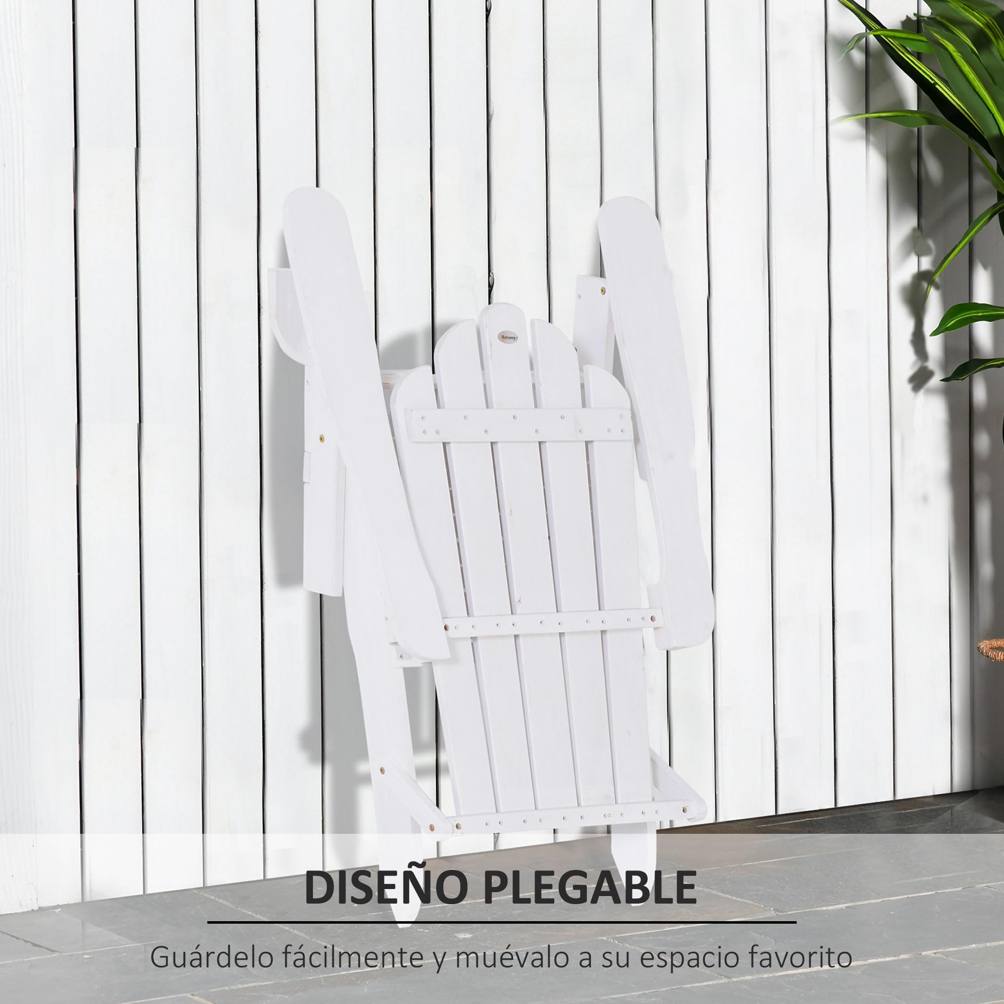 Outsunny Silla Adirondack de Madera Plegable Silla de Jardín con Respaldo Alto y Reposabrazos para Balcón Terraza Exterior Carga MAX. 113 kg 73x88x93 cm Blanco