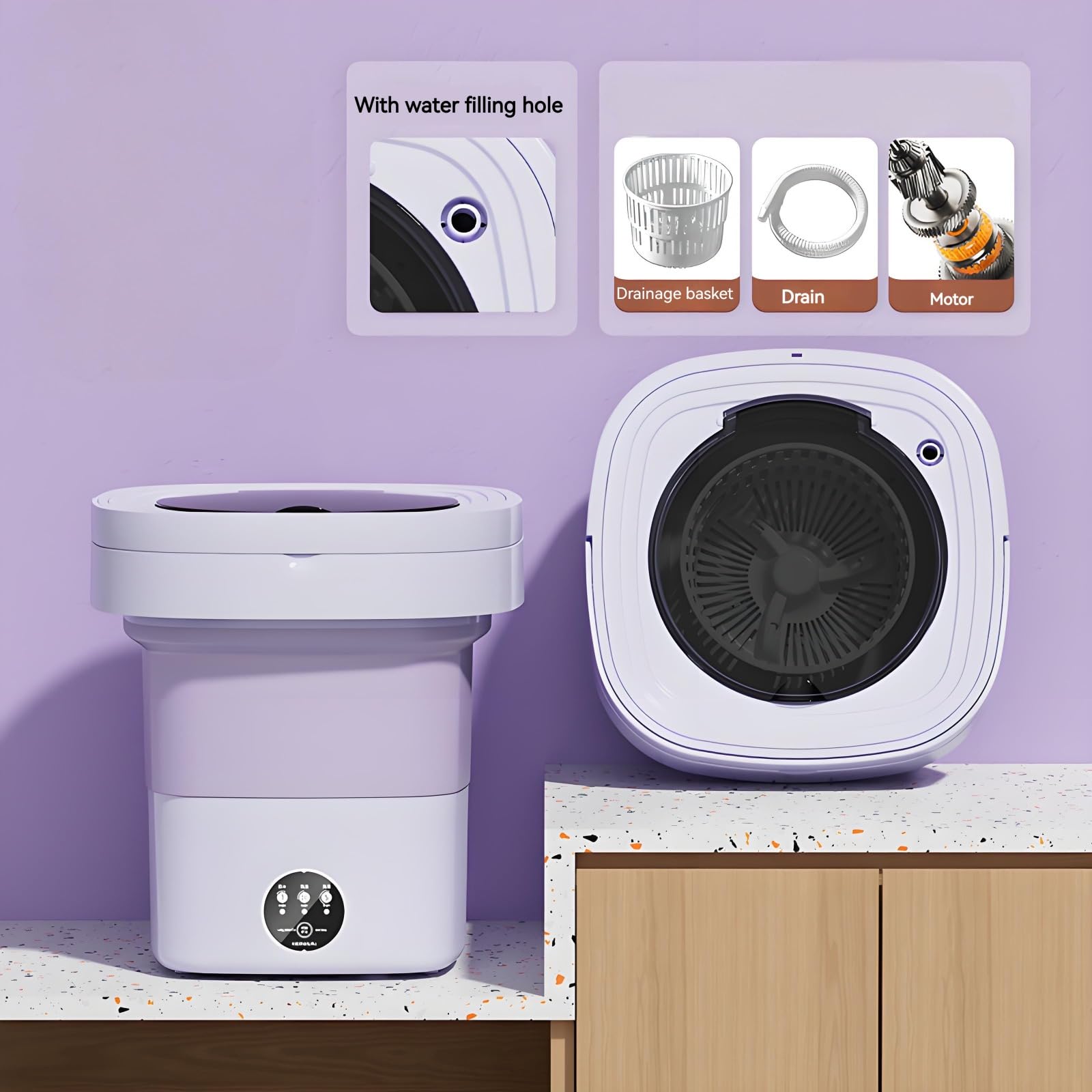 Lavatrice portatile da viaggio piccola da 8 l, mini lavatrice pieghevole con centrifuga per campeggio e viaggi, lavanderia a risparmio energetico per biancheria intima, vestiti e calze