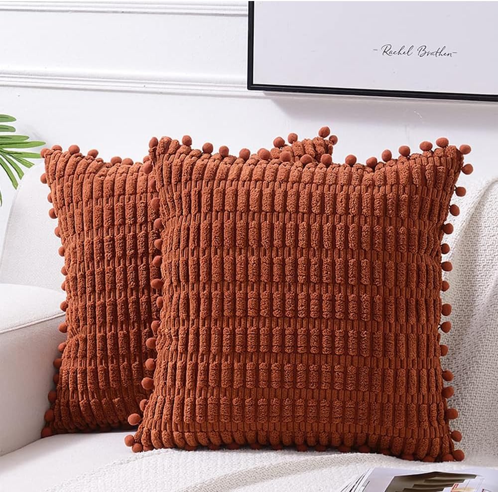 HomeChi2 Packs Decorative Throw Pillow Covers - 45x45 CM Outdoor Cushion Cases with Pom-poms - Boho Home Decor - Square Striped Corduroy Pillowcase for Couch Sofa Bed Bedroom Living Room (Rust Color)