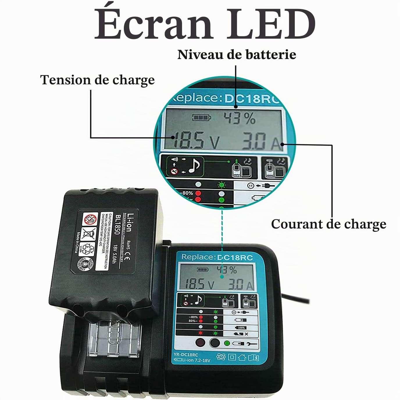 18V Chargeur avec Batterie 5.0Ah BL1850B Remplacement pour Makita 3A Chargeur DC18RC DC18RD DC18RA pour Makita 18 Volt 5000MAH Batterie BL1850 BL1860 BL1840 BL1830 BL1820 BL1815