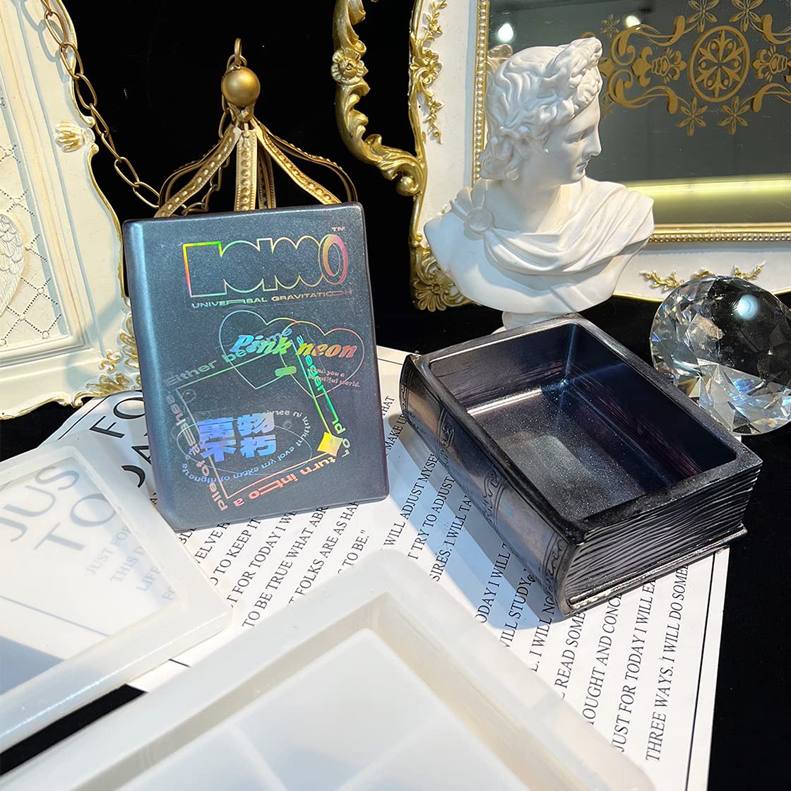 HyzaPhix 2 stuks hars snuisterij doos siliconen mallen - opslag en sieraden epoxy gietmallen, boek gevormd met deksels voor doe-het-zelf sieraden, make-up organizer