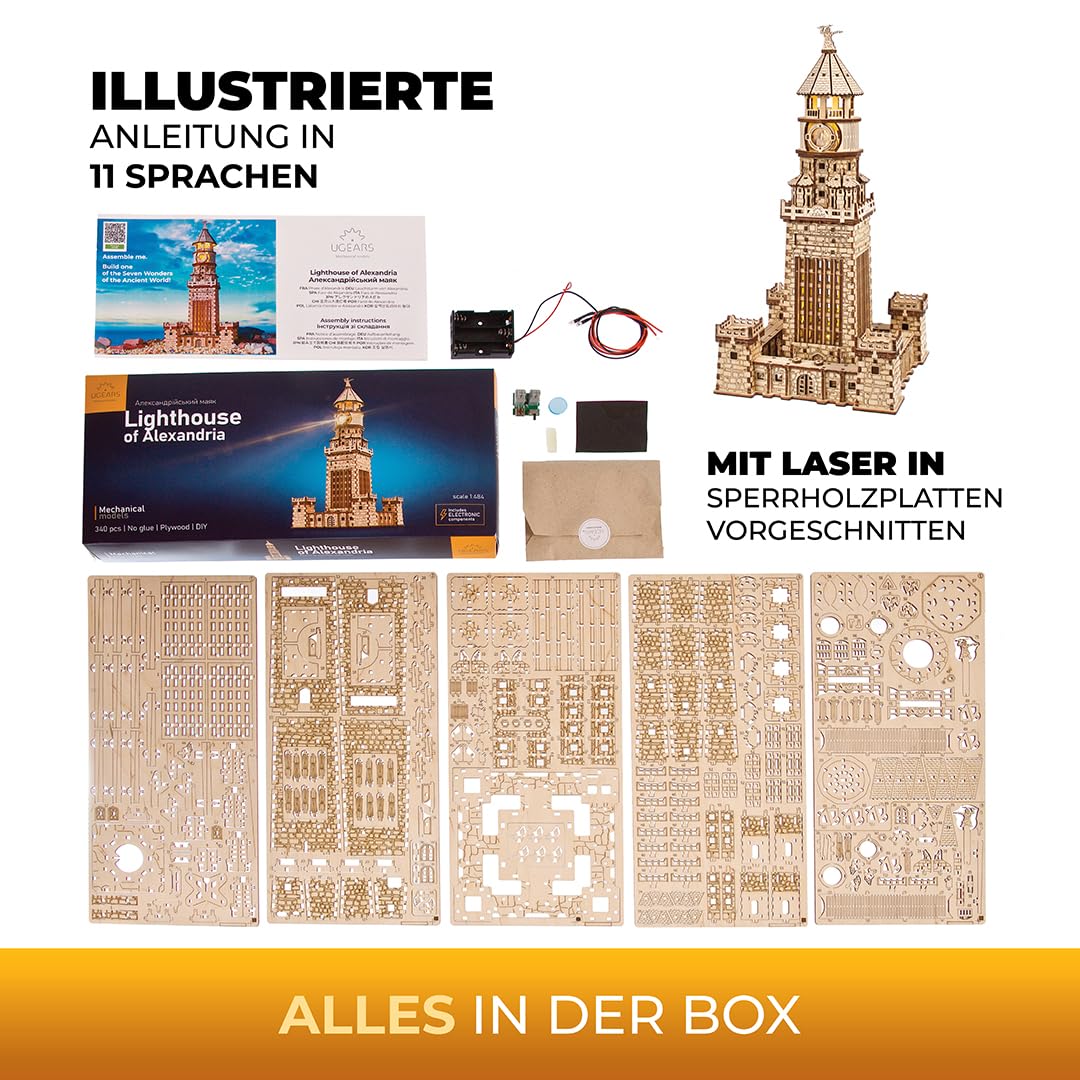 UGEARS Leuchtturm von Alexandria 3D Puzzle - DIY-Bausätze für Erwachsene 3D Holzpuzzles für Erwachsene mit LED-Nachtlicht - Modellbausätze Bastelsets aus Holz 340 Teile
