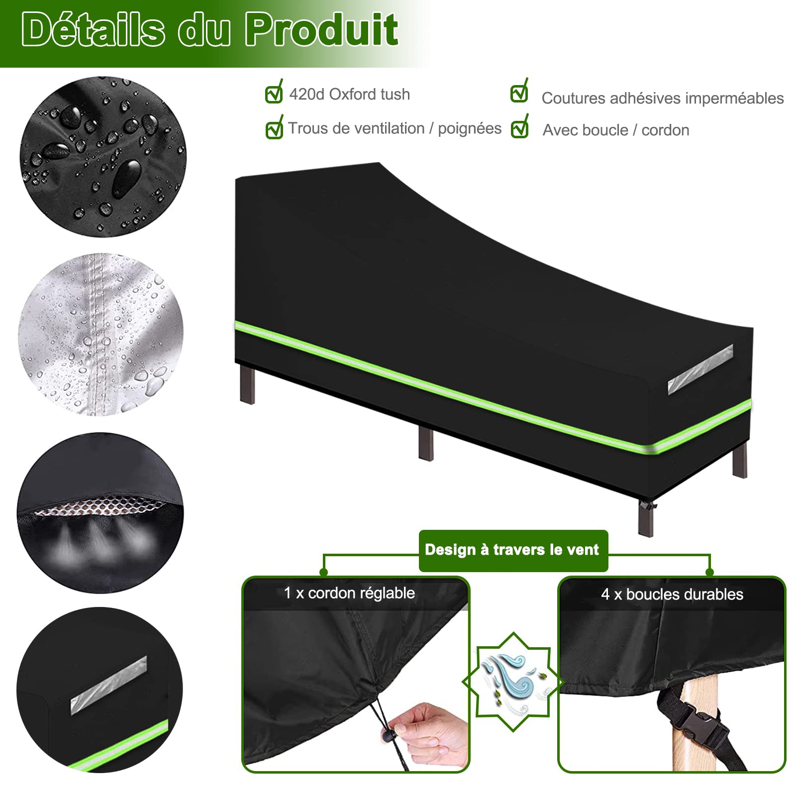 Housse de Chaise Longue de Jardin 2 pcs, Imperméable, Résistance au Vent, Anti-UV, Tissu Oxford 210D Housse avec Grilles D’aération et Bande Réfléchissante pour Chaise Longue de Jardin- 200x75x40/70cm
