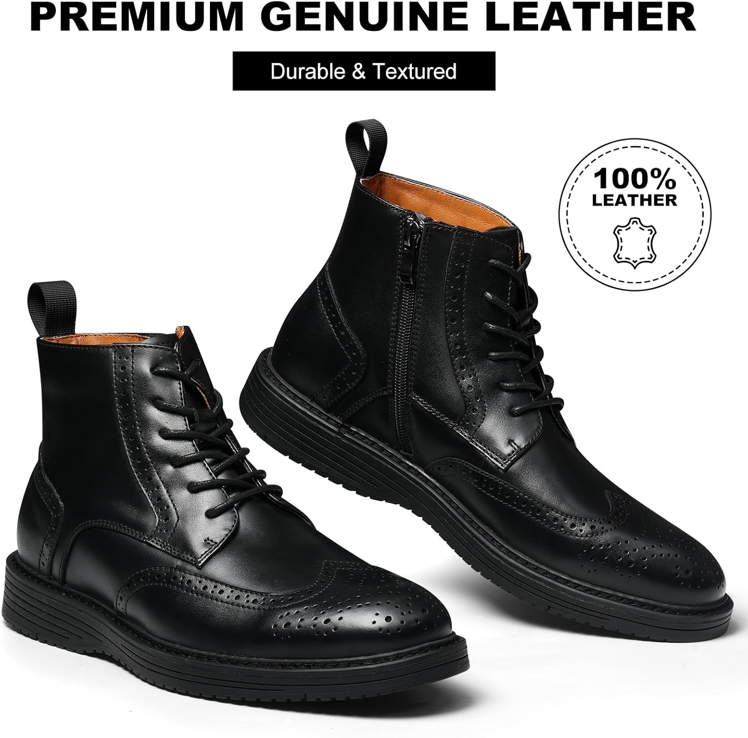 Mens Dress Boots, Genuine Leather Brogue Wingtip Mens Casual Oxford Boots with Side Zipper, Comfortable Formal Lace Up Chukka Ankle Boot for Men - Image 3