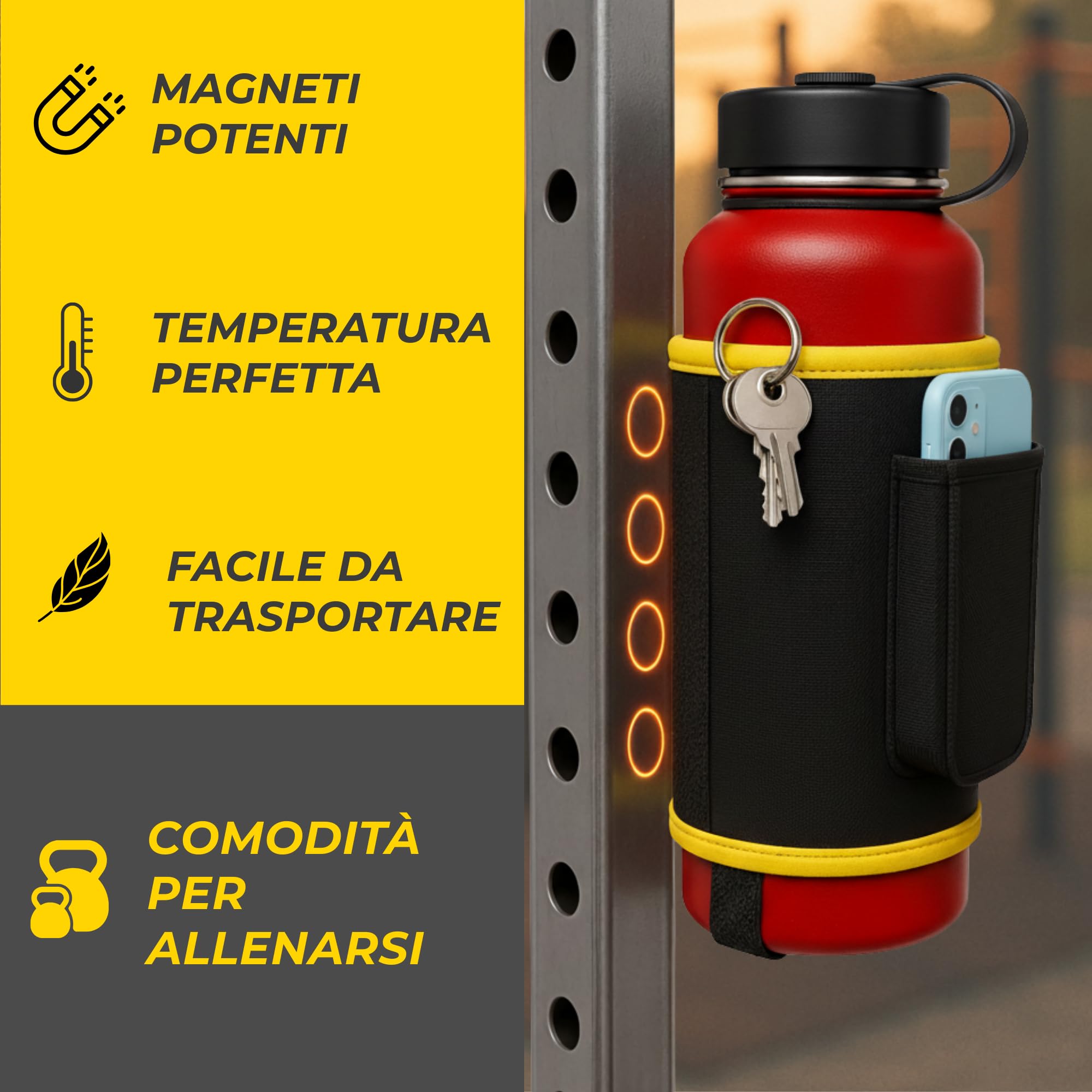 Borsa Magnetica Palestra | Borsetta Magnetica Palestra | Snapfit magnetic bag | custodia termica in neoprene per bottiglia d’acqua con tracolla e porta cellulare, compatibile con tutti i formati.