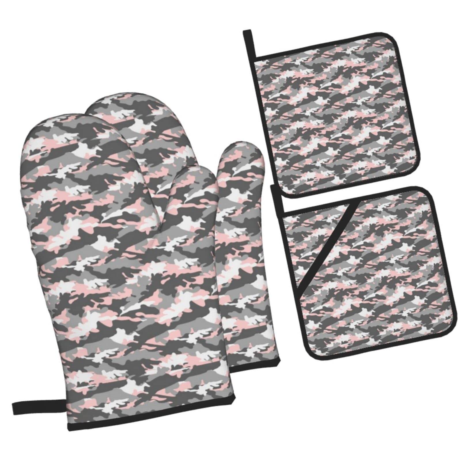 Pink Grey Camouflage Oven Mitts and Pot Holders Sets, Christmas Oven Mitt Kitchen Heat Resistant Non-Slip Pot Holders Set for Cooking Baking BBQ