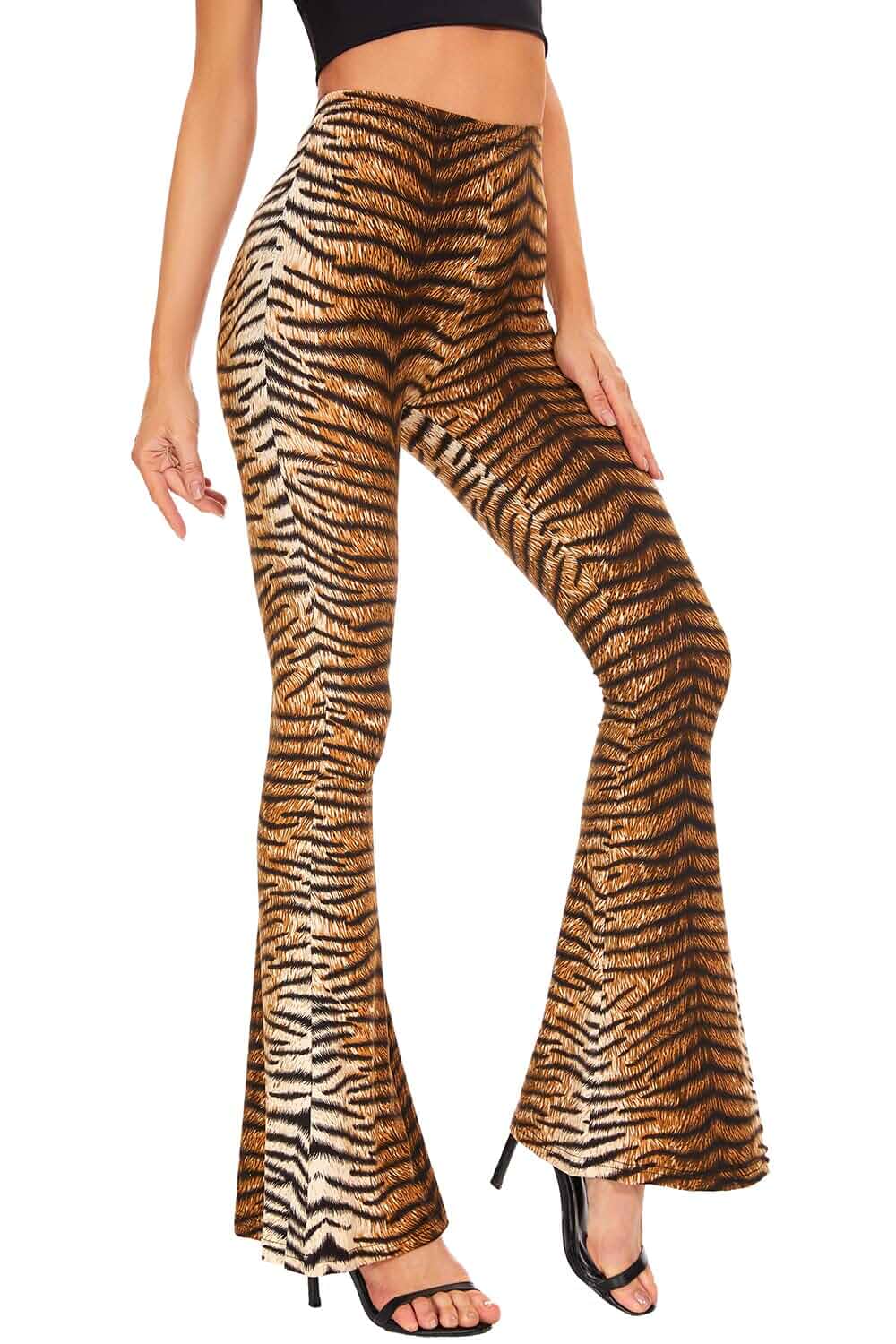 Womens Tiger Flared Wide Leg Bell Bottom Pants Stretch Leopard & Tger Animal Print, High Waisted Yoga Pants, Workout Running Festivals Party Raves Flared Leggings