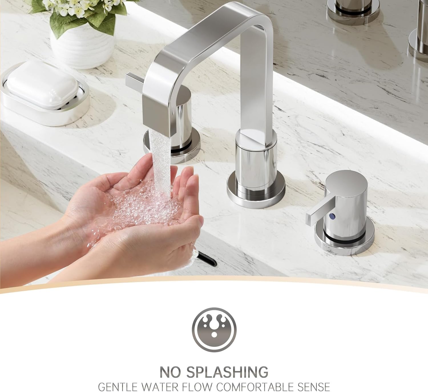 Phiestina Waterfall 8 Inch 3 Hole Widespread Bathroom Faucet, Chrome Modern Bathroom Sink Faucet with Metal Pop Up Drain and Water Supply Line, WF040B-1-C