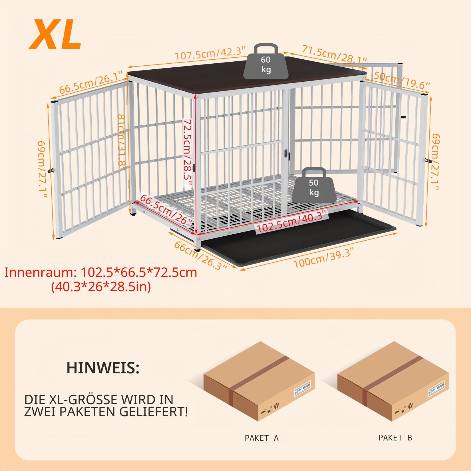 BingoPaw Hundekäfig Möbel XL Hundebox für Zuhause, Modern Hundehütte Indoor mit 3 Türen und abnehmbarem Tablett, Multifunktional Hundeschrank Beistelltisch TV Schrank Tierkäfig, 107x71x81 cm Weiß