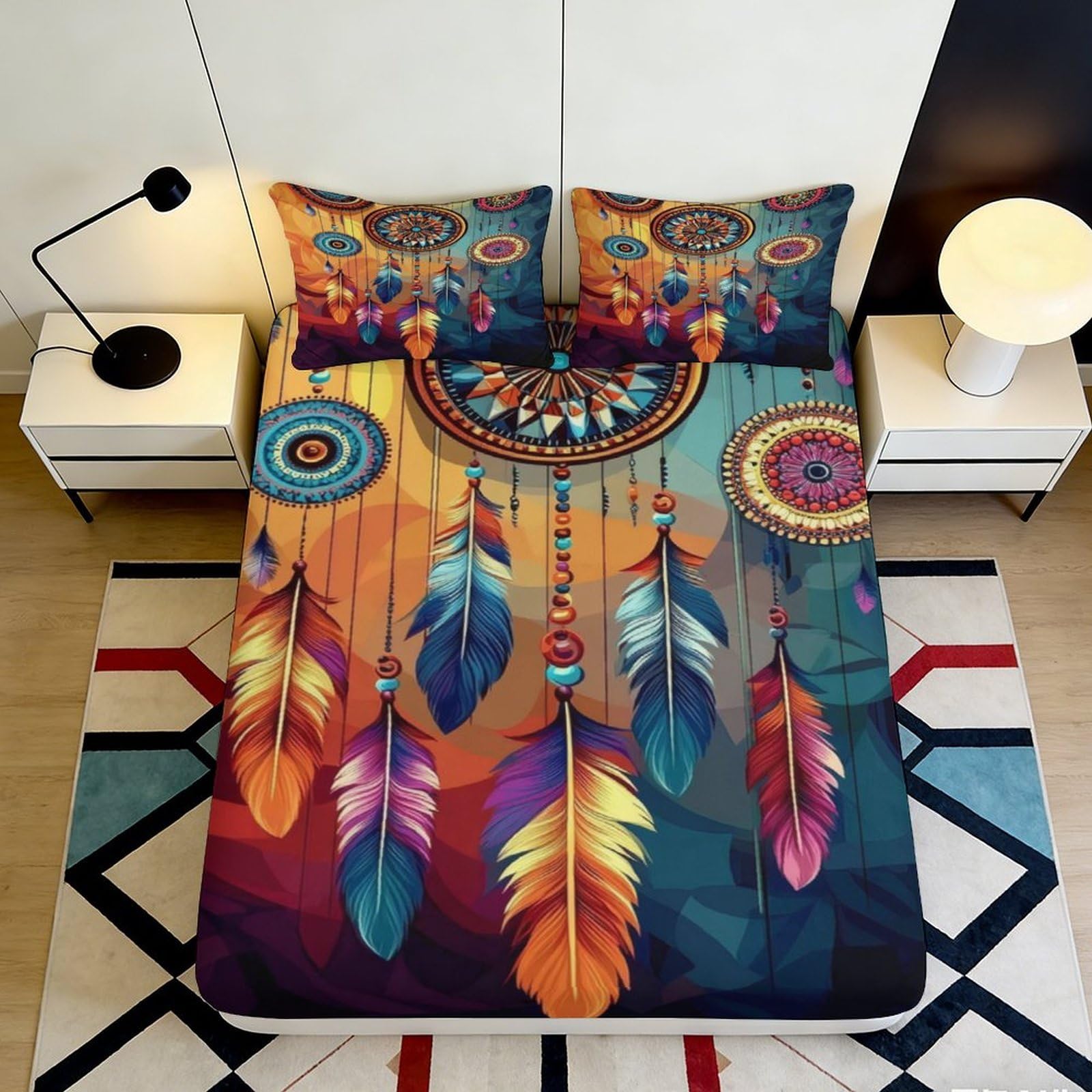 3D Printed Dreamcatcher Fitted Sheet Microfiber Soft Breathable Feather Pattern Bed Cover for Bedroom Dormitory Guest Room Mattress Protection 160x200x25cm