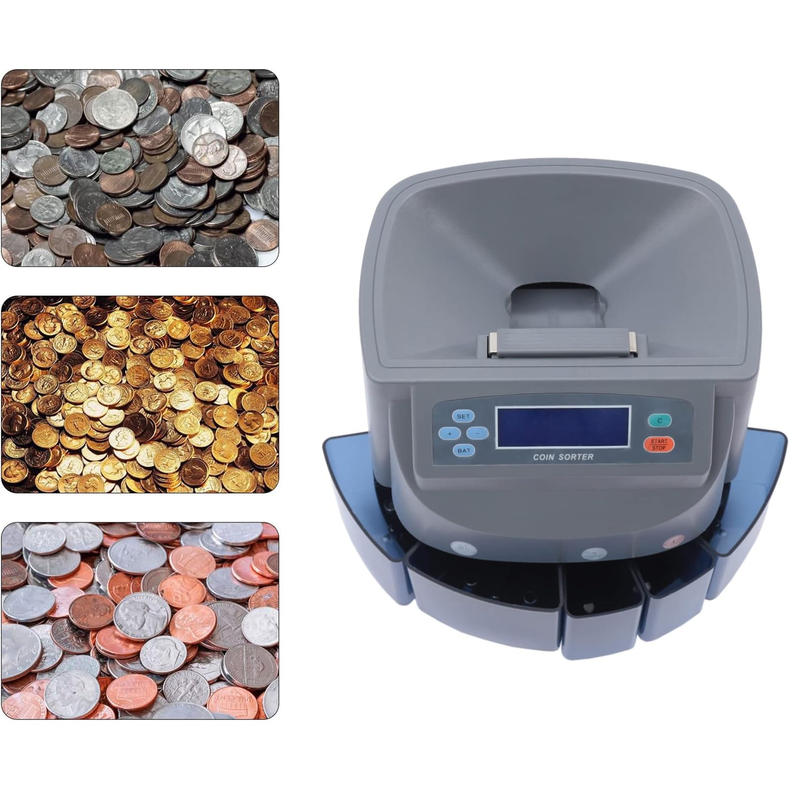 Sorter monet i licznik z wyświetlaczem LED, prędkość liczenia monet 216/min, pojemność 500 monet, darmowe i wstępnie ustawione tryby liczenia dla firm i osób fizycznych