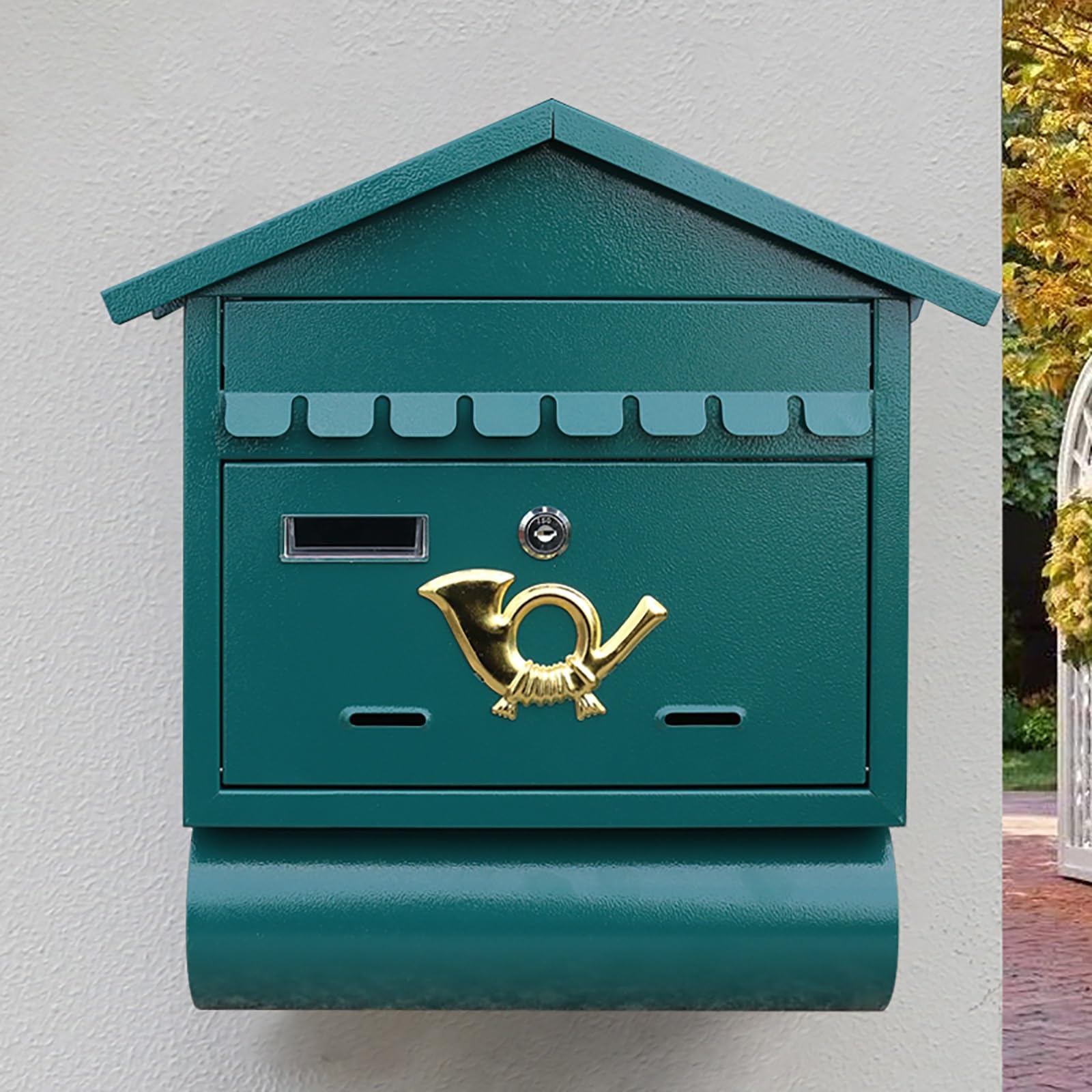 Email address, Wrought Iron Wall-Retro Mailbox with Newspaper Tube, Large Capacity, Suitable for Home, Company and School(Green)