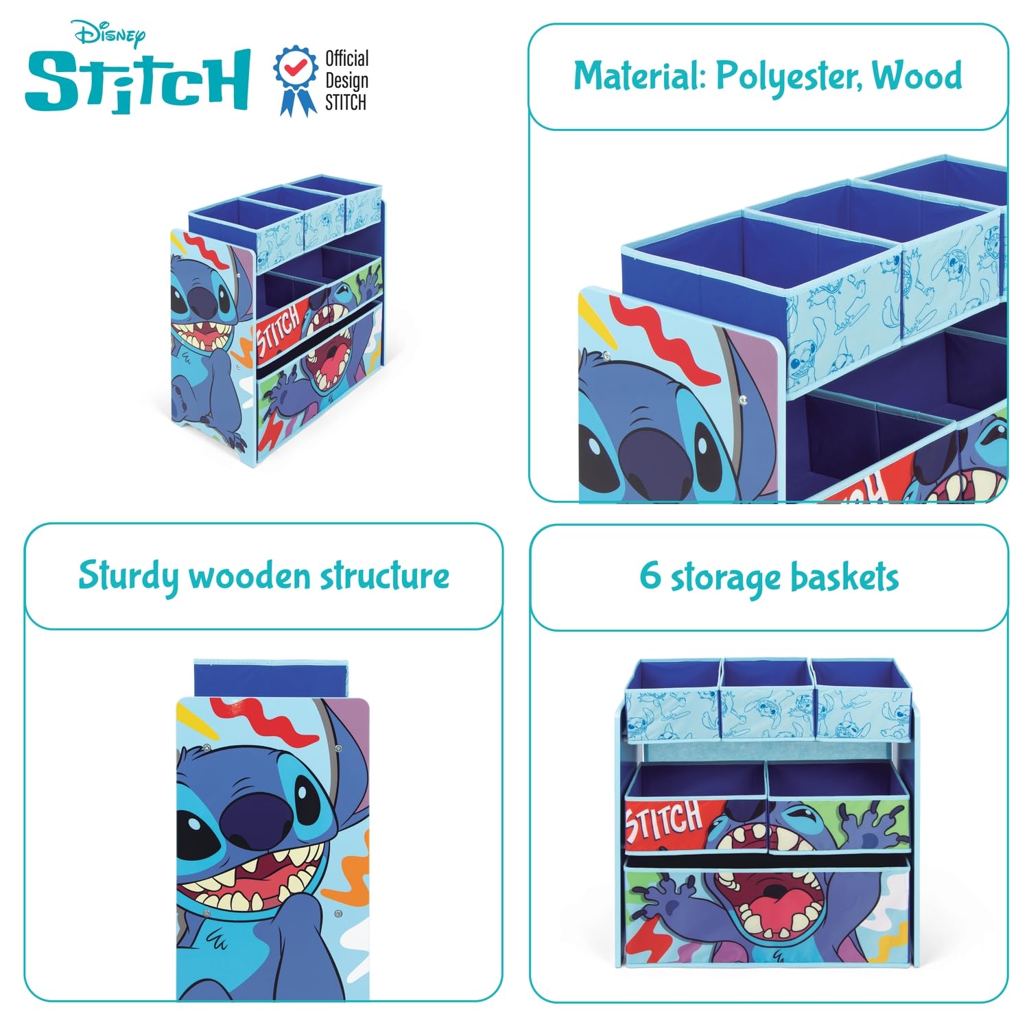 ARDITEX – Organizer aus Holz mit 6 Textilboxen mit Stitch-Motiv von Disney – 62x30x60 cm – Farbe Blau – Perfekt zum Aufbewahren von Spielzeug im Kinderzimmer