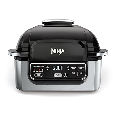 Ninja | Indoor Grill | Foodi | 5-in-1 (Grill, Air Fry, Roast, Bake, and Dehydrate | Fits up to 3lb Roast | Smoke Control System and Dishwasher Safe Parts| Black/Grey | AG301