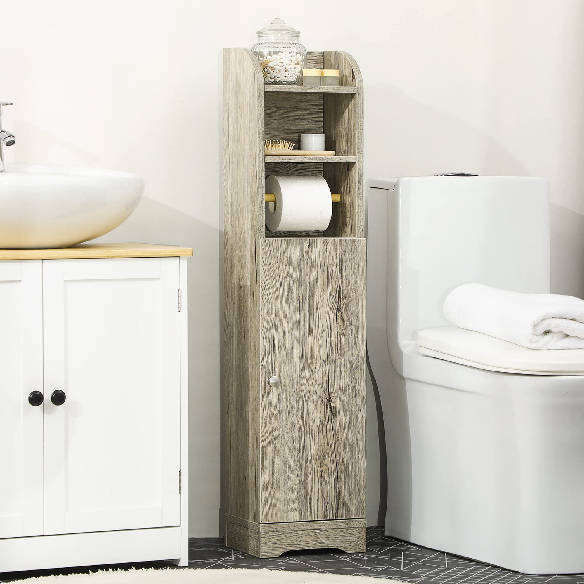 kleankin Armario de Baño Columna Auxiliar de Baño 23x18x100 cm Gris | Columna Auxiliar de Baño, Armario Multiusos, Estante Ajustable, para Dormitorio