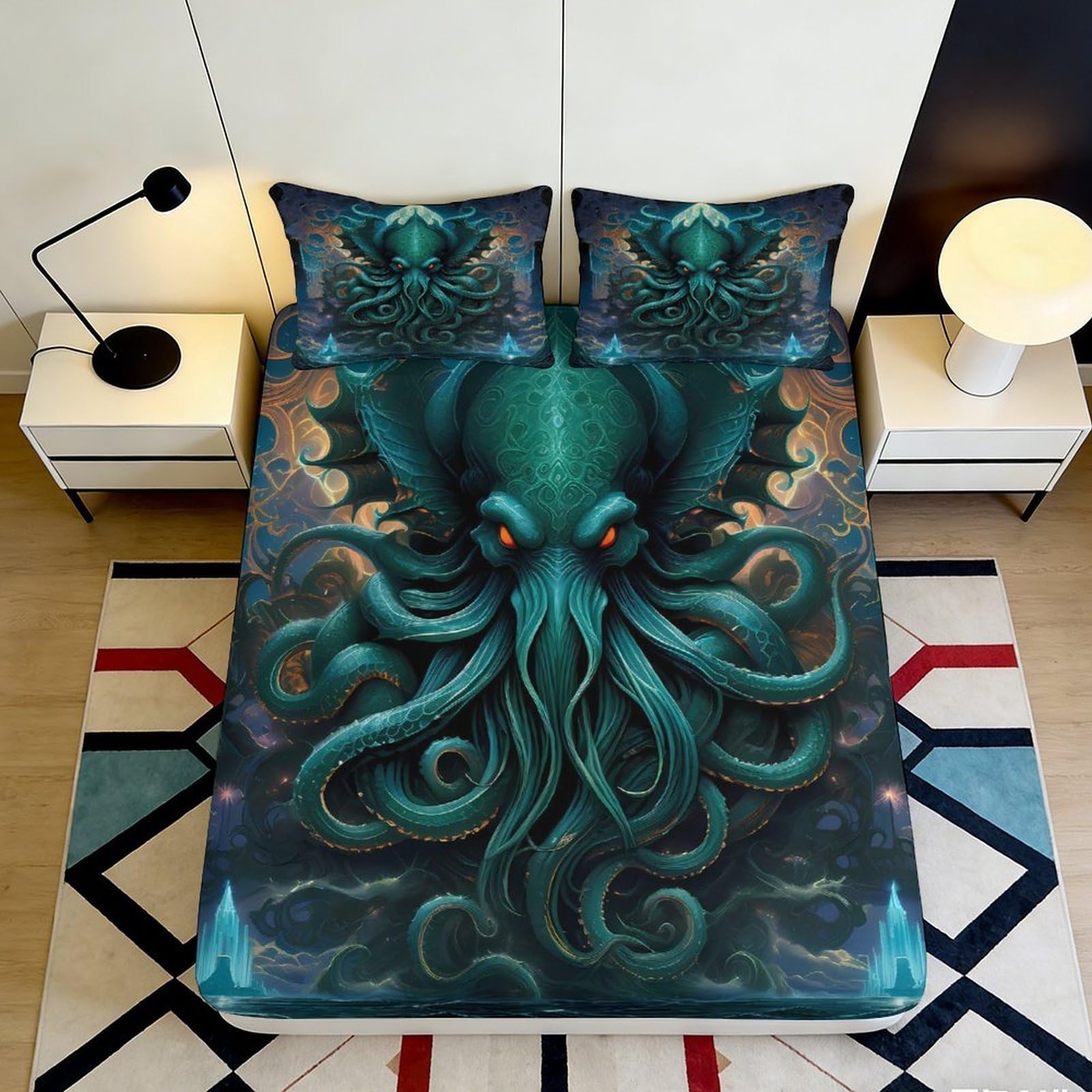 3D Printed Cthulhu Octopus Fitted Sheet Microfiber Soft Breathable Sea Monster Bed Cover for Bedroom Dorm Mattress Decor 90x200x25cm