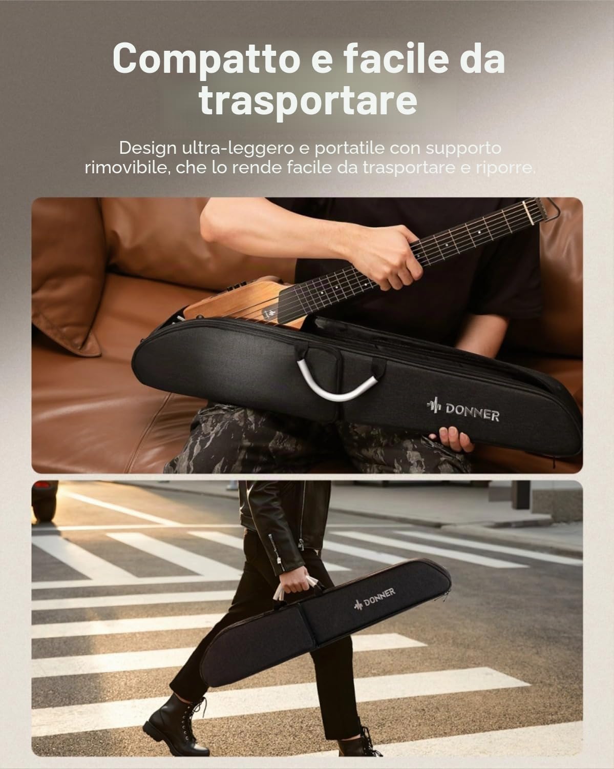 Donner HUSH-I Chitarra Portatile Senza Testa Acustica-Elettrica Ultra-Leggera Silenziosa Viaggi Corpo Acero Telai Rimovibili Custodia Morbida Accessori