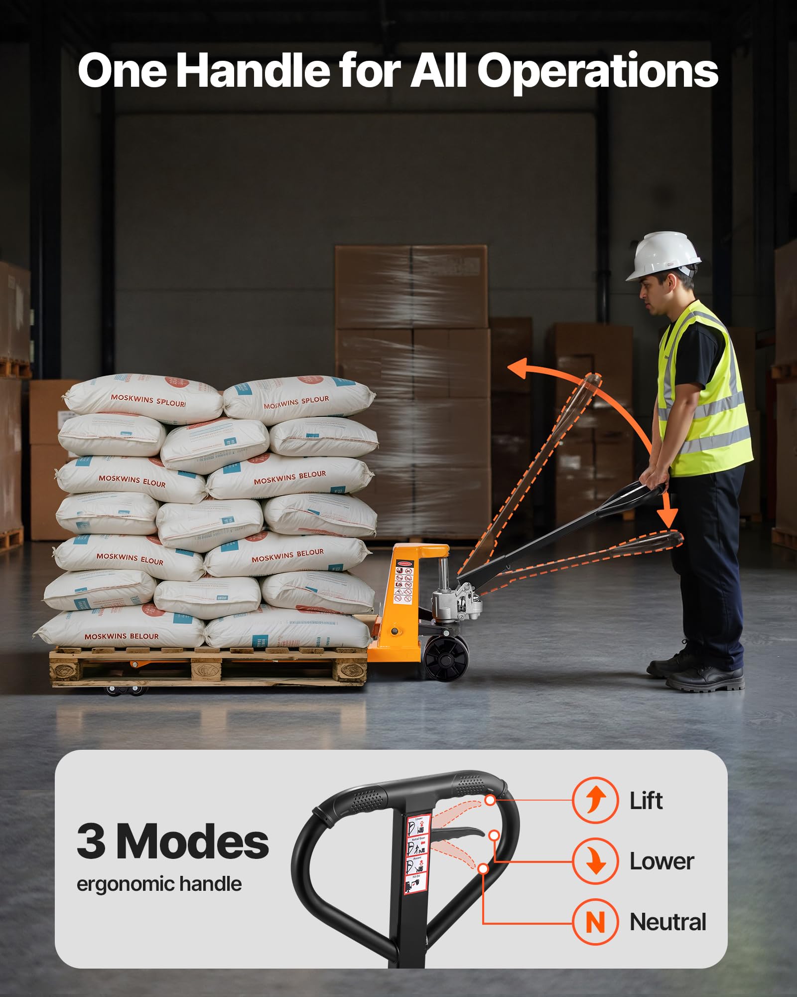 VEVOR Transpallet, Capacità 2,5 T, Transpallet Manuale con Forche da 1620 x 685 x 1225 mm per Movimentazione Materiali, Altezza di Sollevamento Forche 85-180 mm, per Magazzino, Supermercato