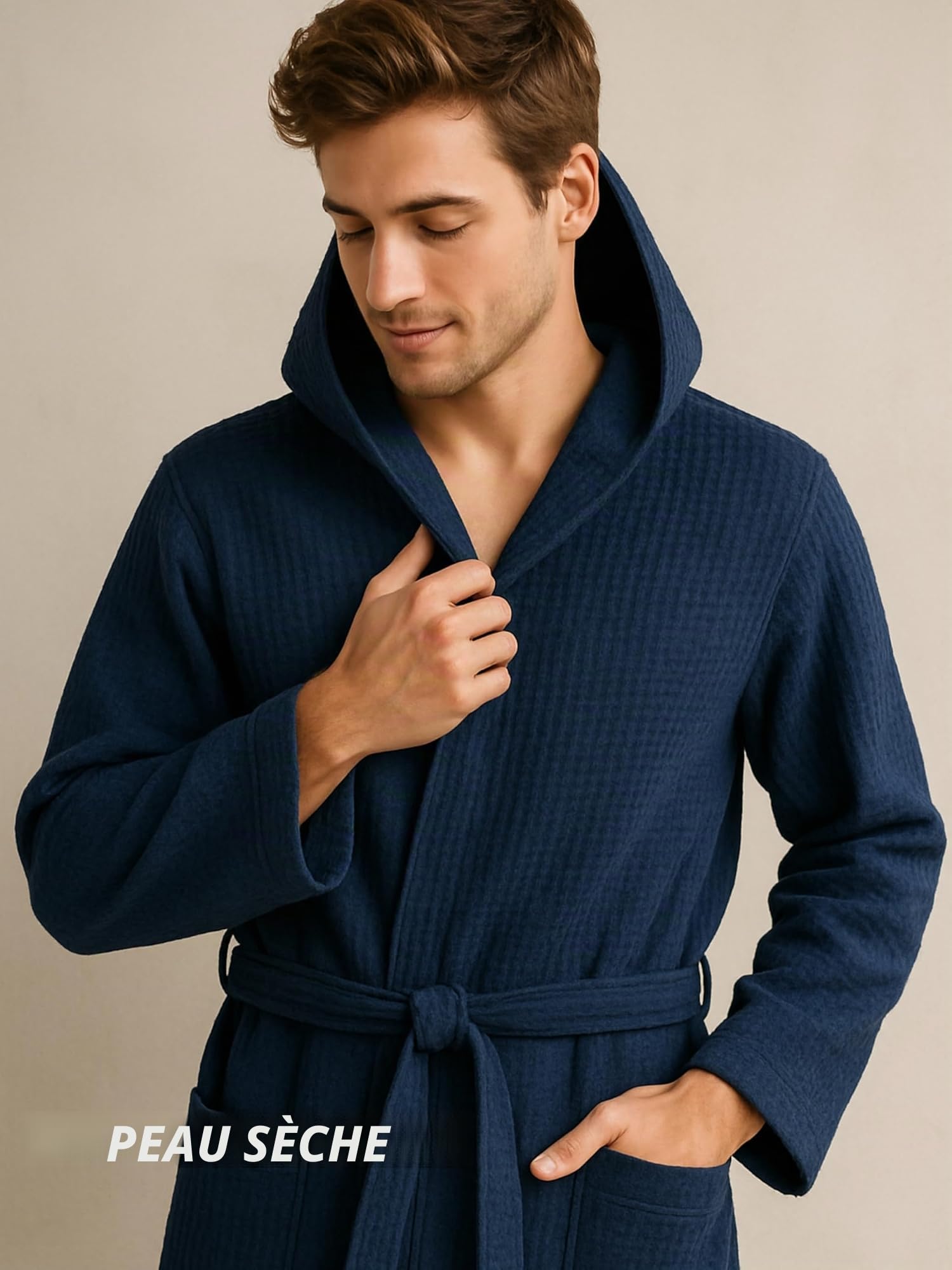 Peignoir nid d'abeille pour femme et peignoir nid d'abeille homme en coton avec capuche, poches et ceinture, léger et de voyage S-XXXL