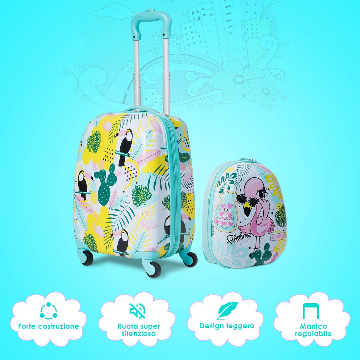 COSTWAY Set di Valigia per Bambini, 16" Valigia+ 12" Zaino, 2 Pezzi, con Ruote Girevoli a 360° e Maniglia Retrattile, Ideale per Viaggiare in Modo Comodo e Divertente