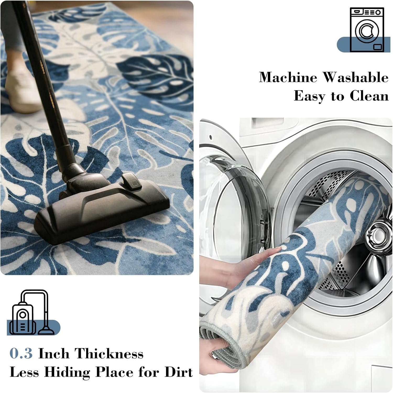 Wonnitar Leaf 2x3 Kitchen Rug, Small Bathroom Blue Rug, Washable Bedside Accent Mat, Monstera Plant Coastal Non-Shedding Soft Entryway Floor Carpet for Laundry Room Entrance Bath