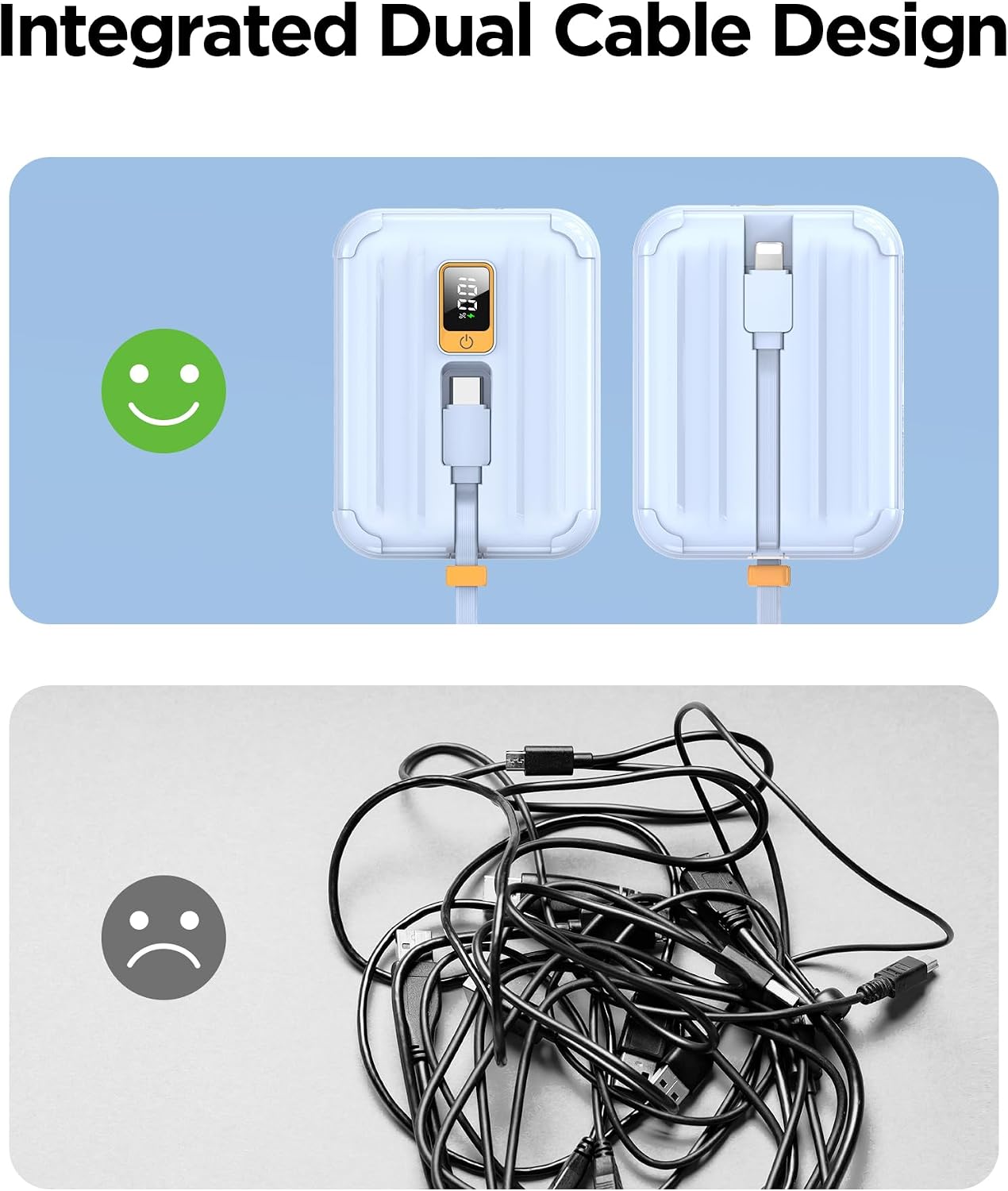 Diagram illustrating the convenience of integrated dual cables on the PISEN power bank versus carrying multiple loose cables.