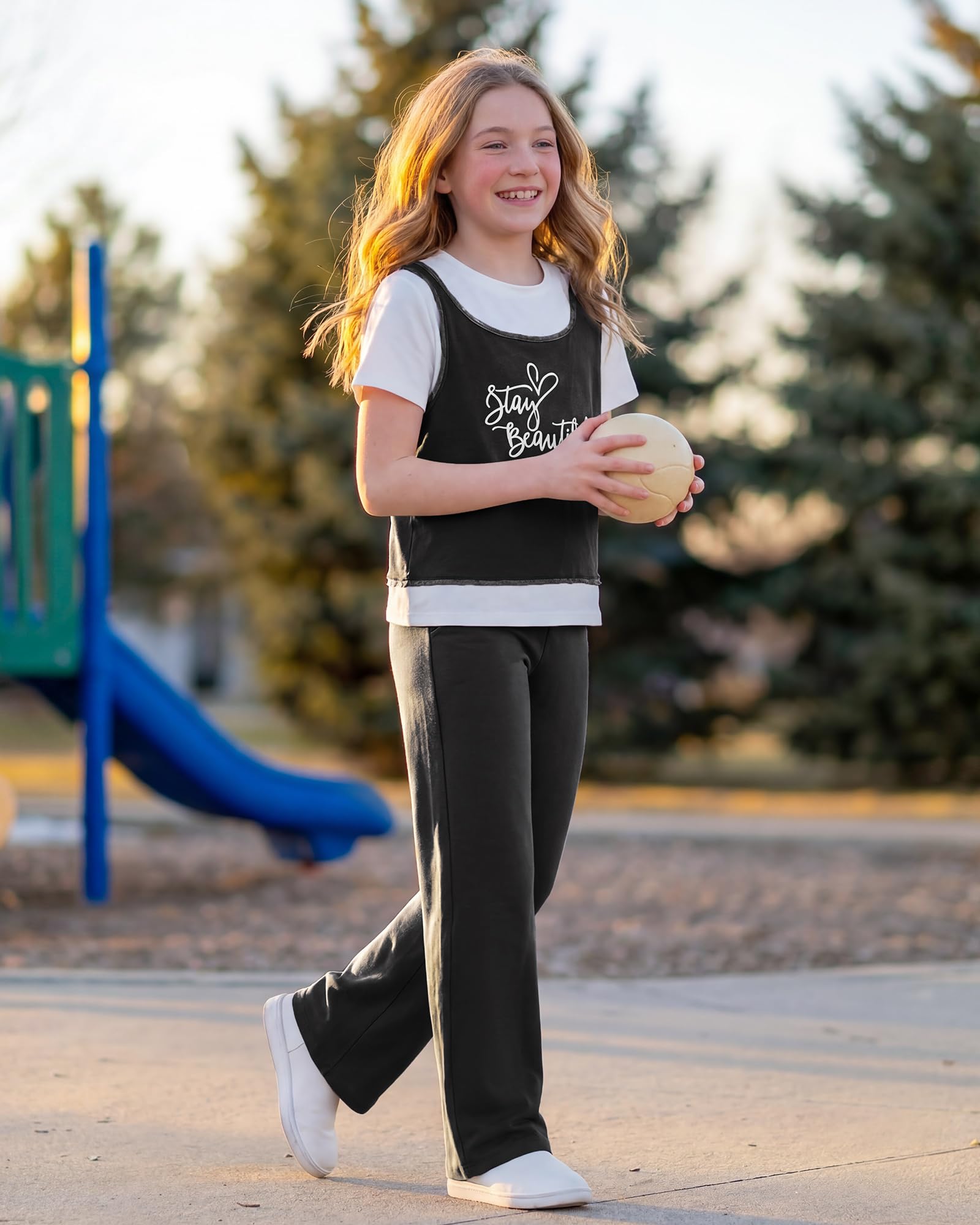 G4Free EverGoing Pantalon de survêtement à jambe large pour fille Taille haute Taille croisée avec 2 poches 6-12 ans