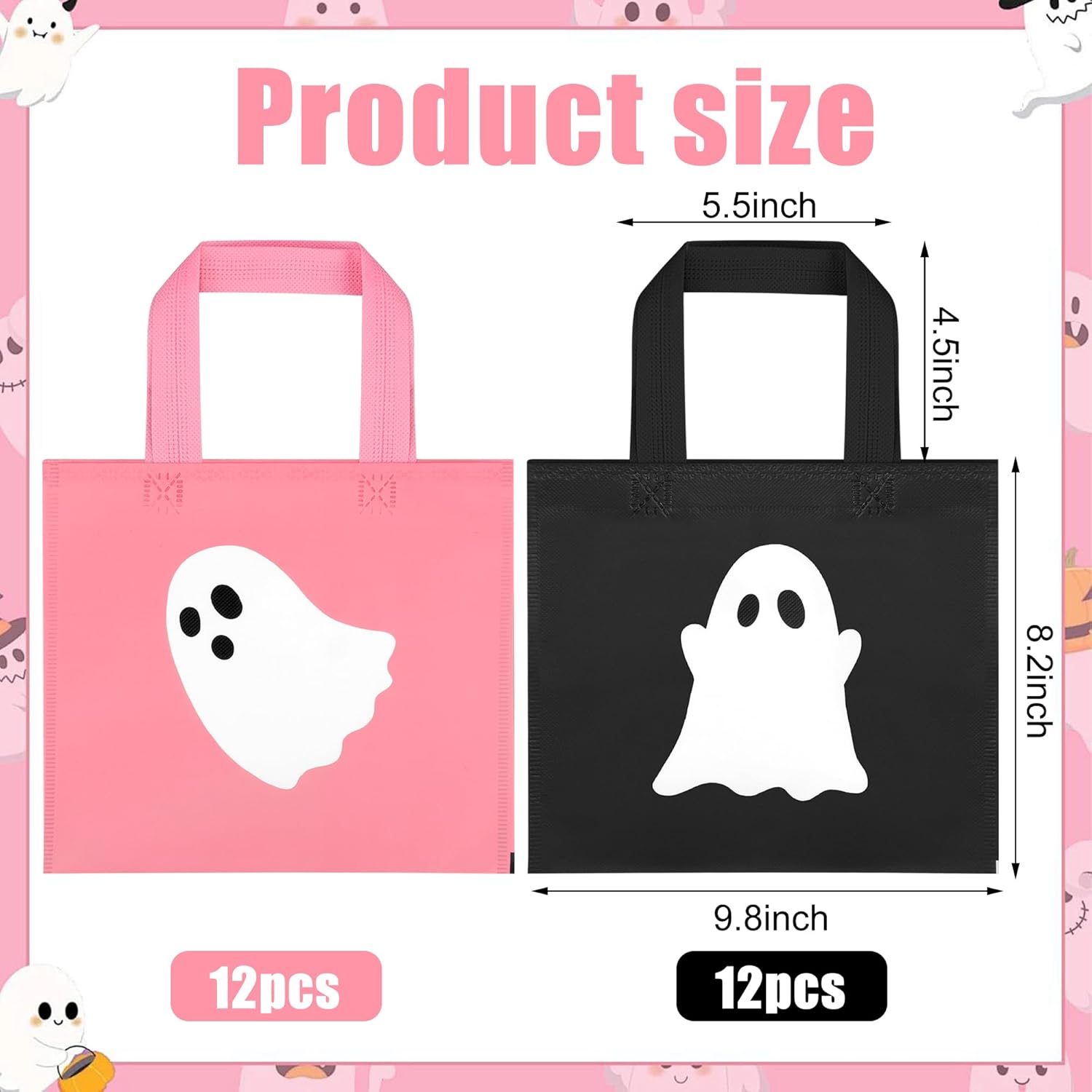 24 Pcs Halloween Non-Woven Treat Bags Pink Cute Ghost Candy Goodie Bag 10 x 8 Inch Reusable Tote Gift Bags with Handle Boo Party Favor Bag for Halloween Kids Trick or Treat Party Wrapping Supplies - Image 4