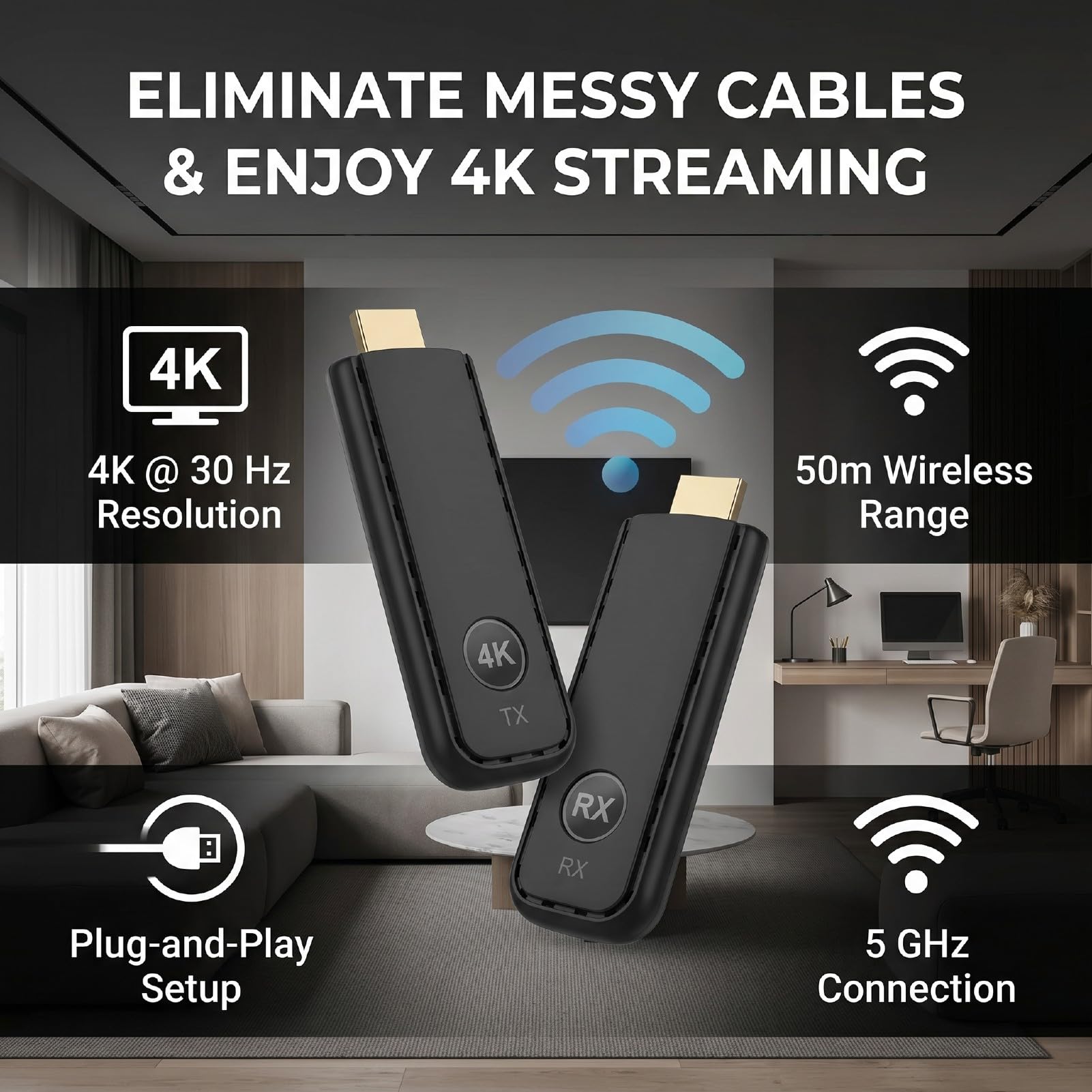 Bezprzewodowy Odbiornik Nadajnika Wideo, Interfejs Multimedialny | 50 M, protokół 5G, Plug & Play, Brak Wi-Fi i Aplikacji, Konfiguracja w Ciągu 10 S, Tryb Przedłużania i Kopiowania, Kompaktowy