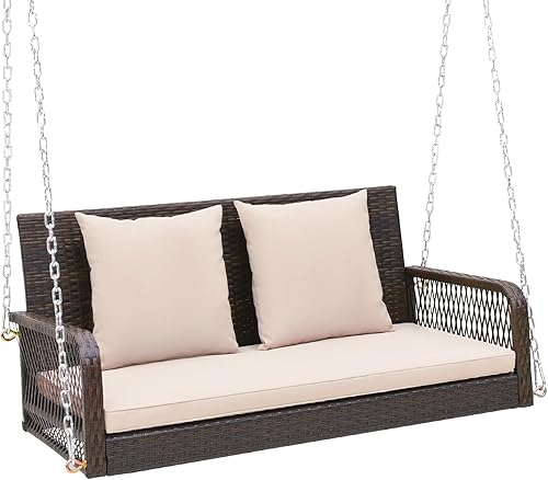 Miniatura 10 de Tangkula Columpio de mimbre para porche al aire libre, capacidad de 800 libras, banco de columpio para exteriores con cadenas colgantes, cojines de
