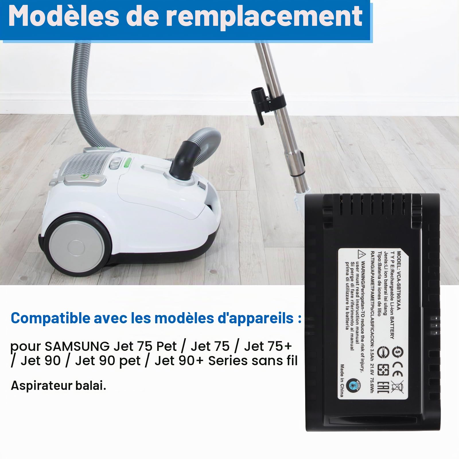3500mAh Batterie rechargeable de remplacement VCA-SBT90/XAA, Compatible avec Samsung Jet 75, 75+, 75 Pet, Jet 90, 90+ Series, pour Batterie d'aspirateur sans fil VS20R9046T3/AA VS20T7536T5/AA