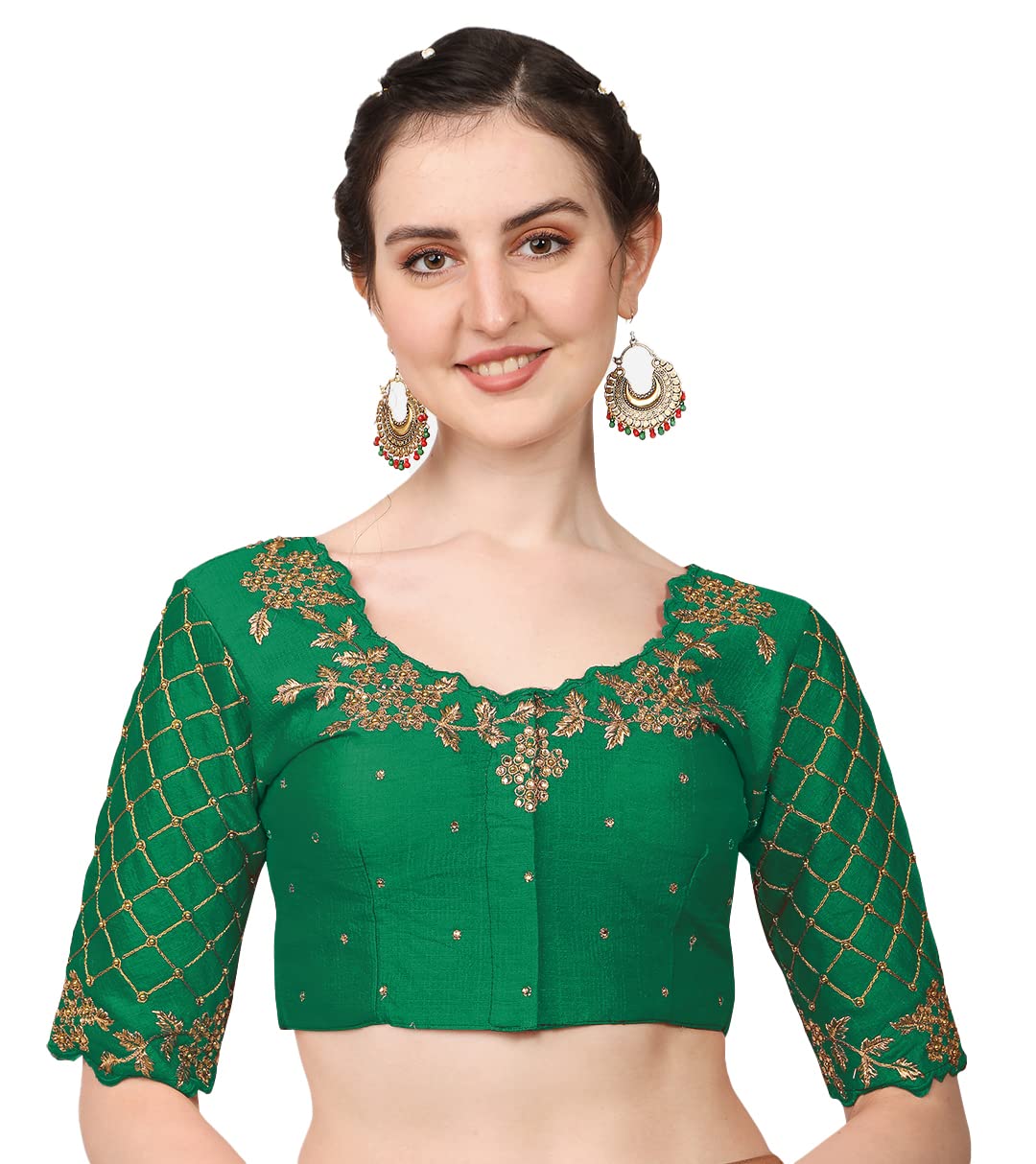 Pujia Mills Women's Embroidery Handwork, Rough Cut Work Stone Work Readymade Blouse (36, Green)