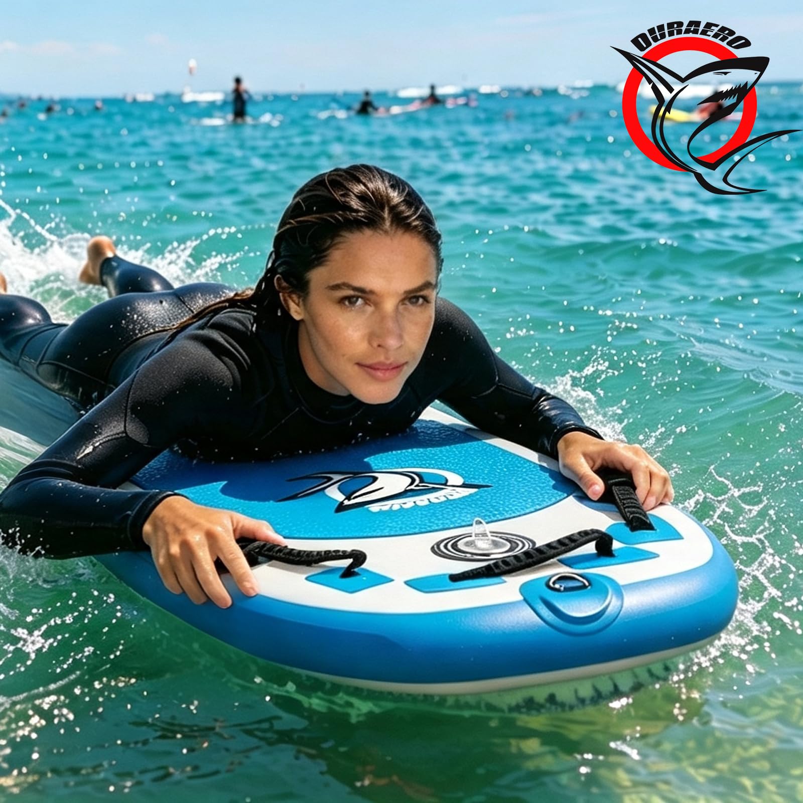 DURAERO Aufblasbares Bodyboard 105 x 53 x 10 cm, Boogie Board für Kinder und Erwachsene, mit 3 sicheren Haltegriffen, Leash, Pumpe, Tragetasche und Reparaturset