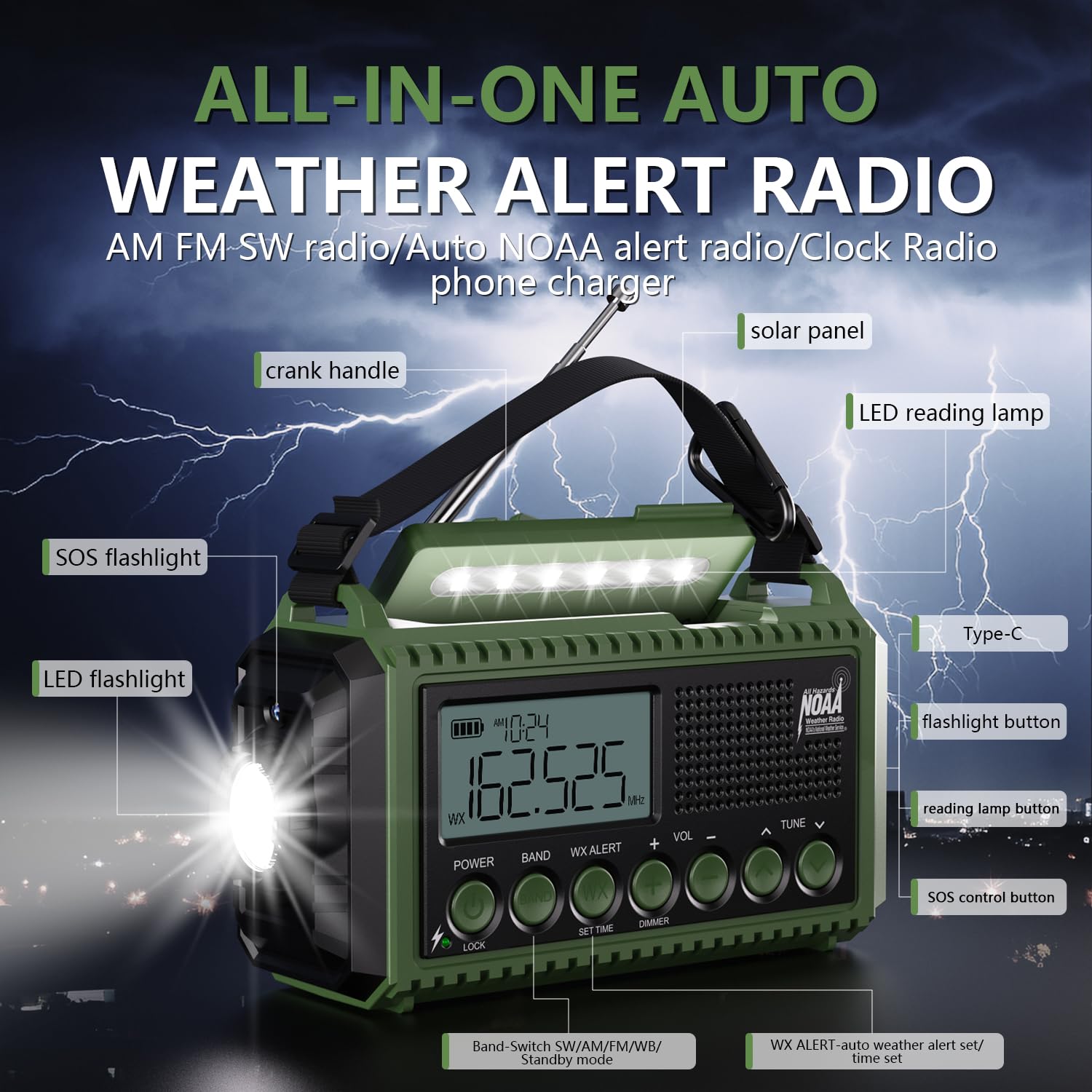 Radio di emergenza meteo 12.000 mAh, radio meteo di emergenza AUTO NOAA, radio solare a manovella, AM/FM/SW/NOAA, radio portatile allarme meteo, caricabatterie