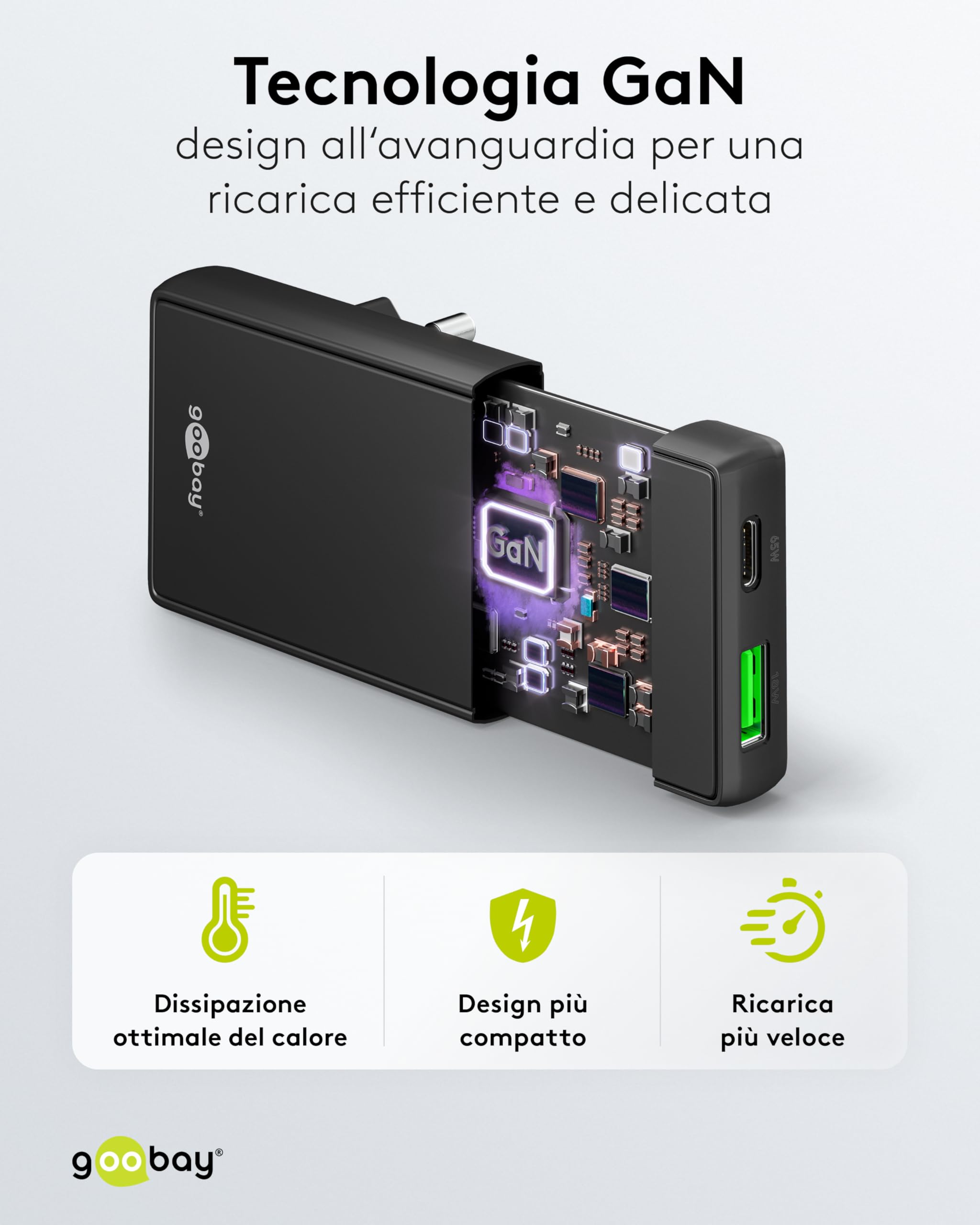 goobay GaN Caricabatteria da 65 W, con doppia porta (USB-C e USB-A), design piatto a 90°, ultra sottile e salvaspazio, per Apple, Samsung, Huawei, tablet ecc., nero,75723