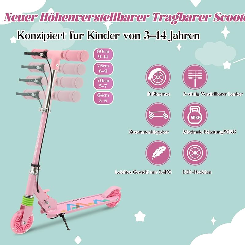 TENBOOM összecsukható gyermek roller 3 éves kortól, LED kerekek, magasságállítható - Pink (pink-1)