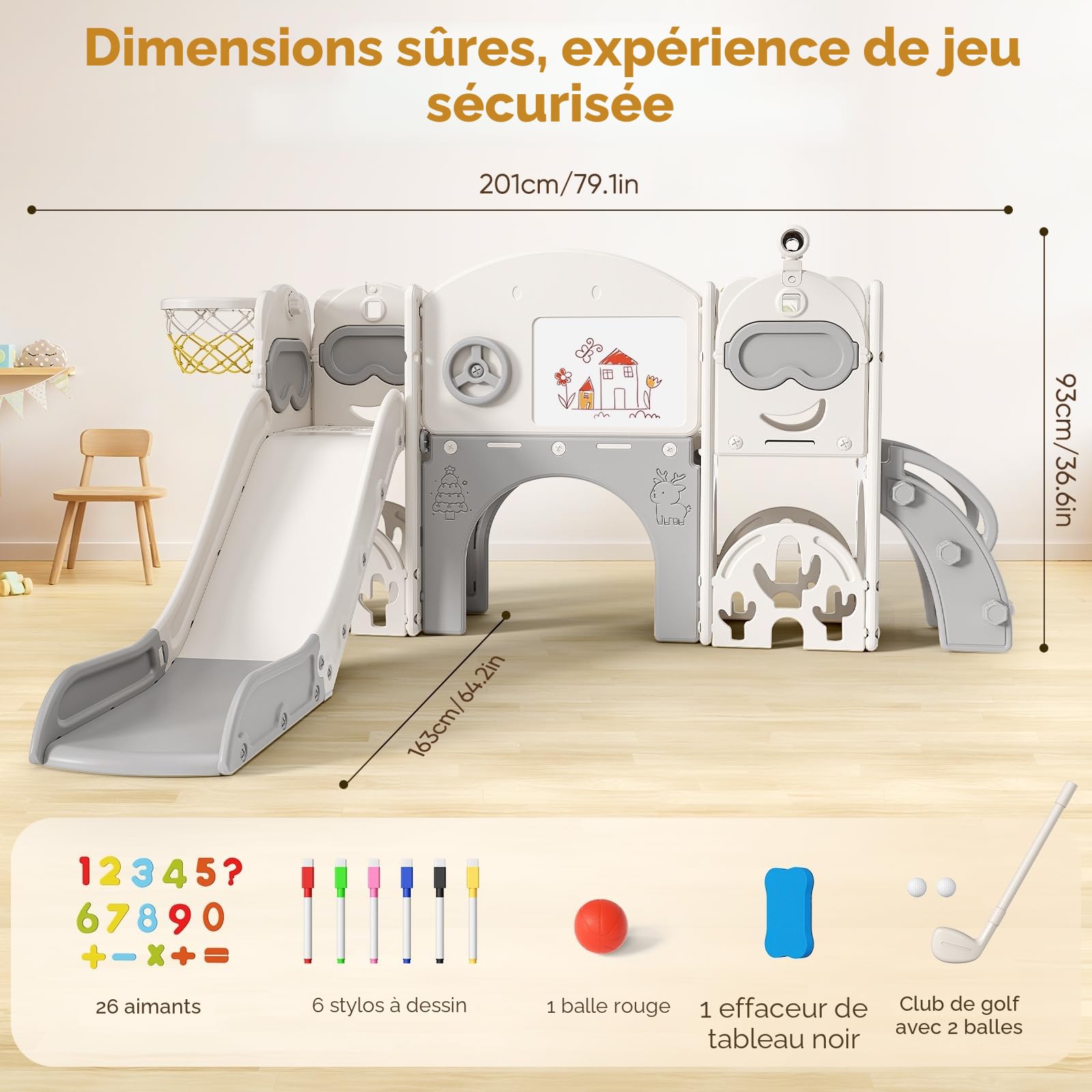 Toboggan 11 en 1 pour tout-petits, toboggan d'intérieur et d'extérieur avec panier de basket, golf, jumelles et espace de rangement, échafaudage sport autoportant pour enfants de 1 à 6 ans (toboggy