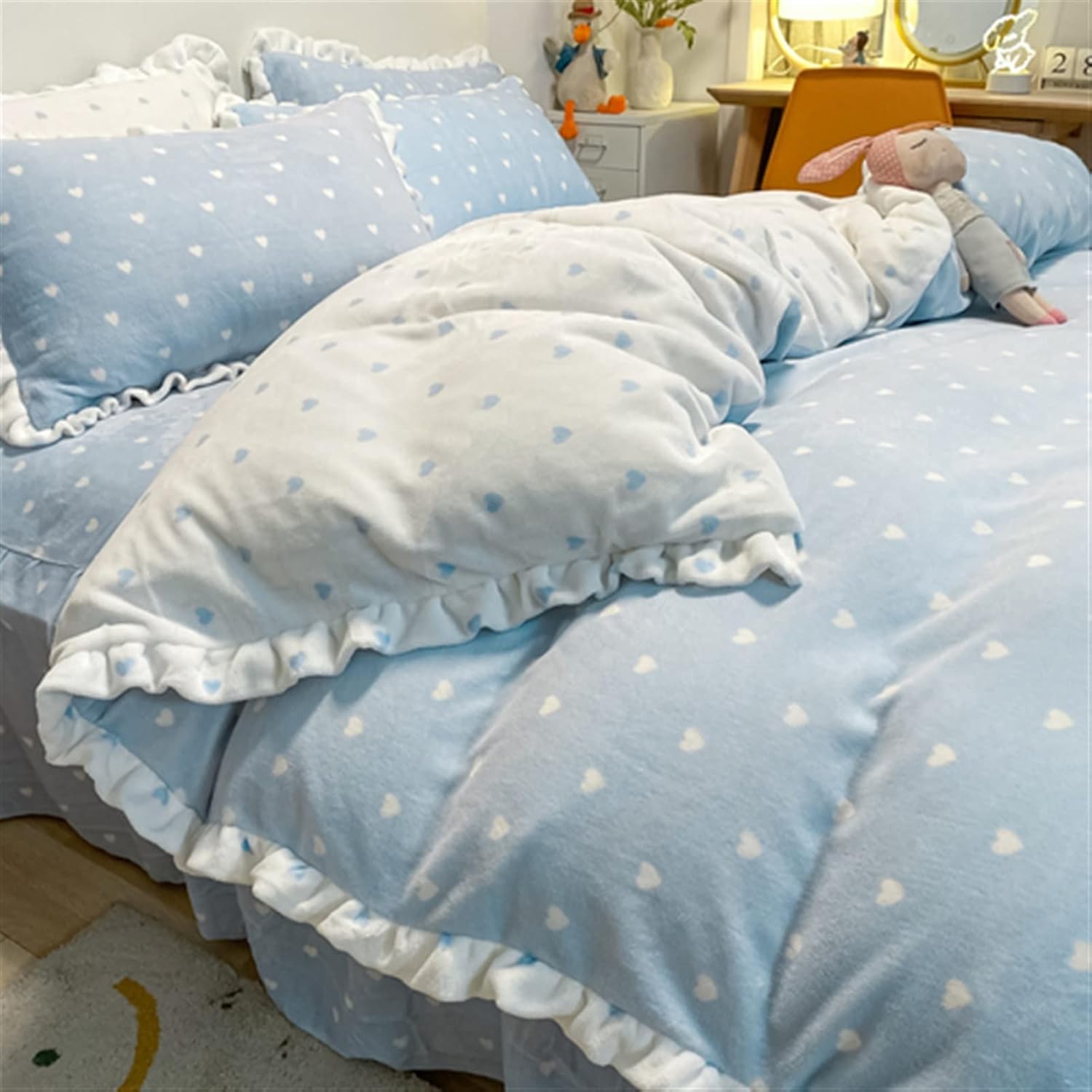 Thick Warm Milk Fiber Bed Four-Piece Set Crystal Velvet Double-Sided Velvet Quilt Cover Coral Velvet Princess Style Bed (Color : E Size : 1.5MBED-4SET-200X230) (A 1.5MBED)