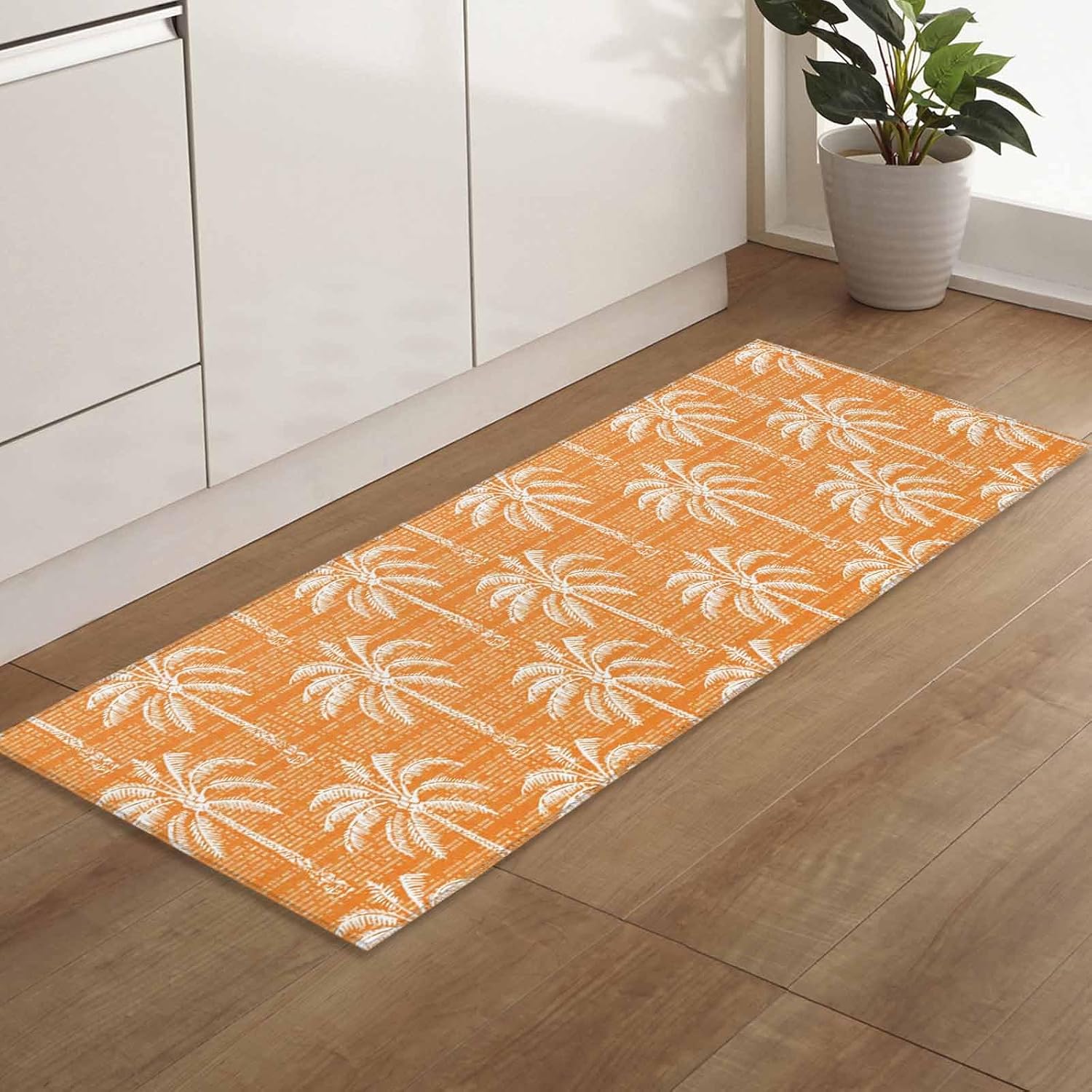Teamery Kitchen Mats for Floor Orange Palm Tree Summer Beach Washable Non Slip Kitchen Rugs 1PCS, Tropical Plant Retro Boho Absorbent Standing Mats for Sink Bathroom Office Living Room 23.6x70.9in